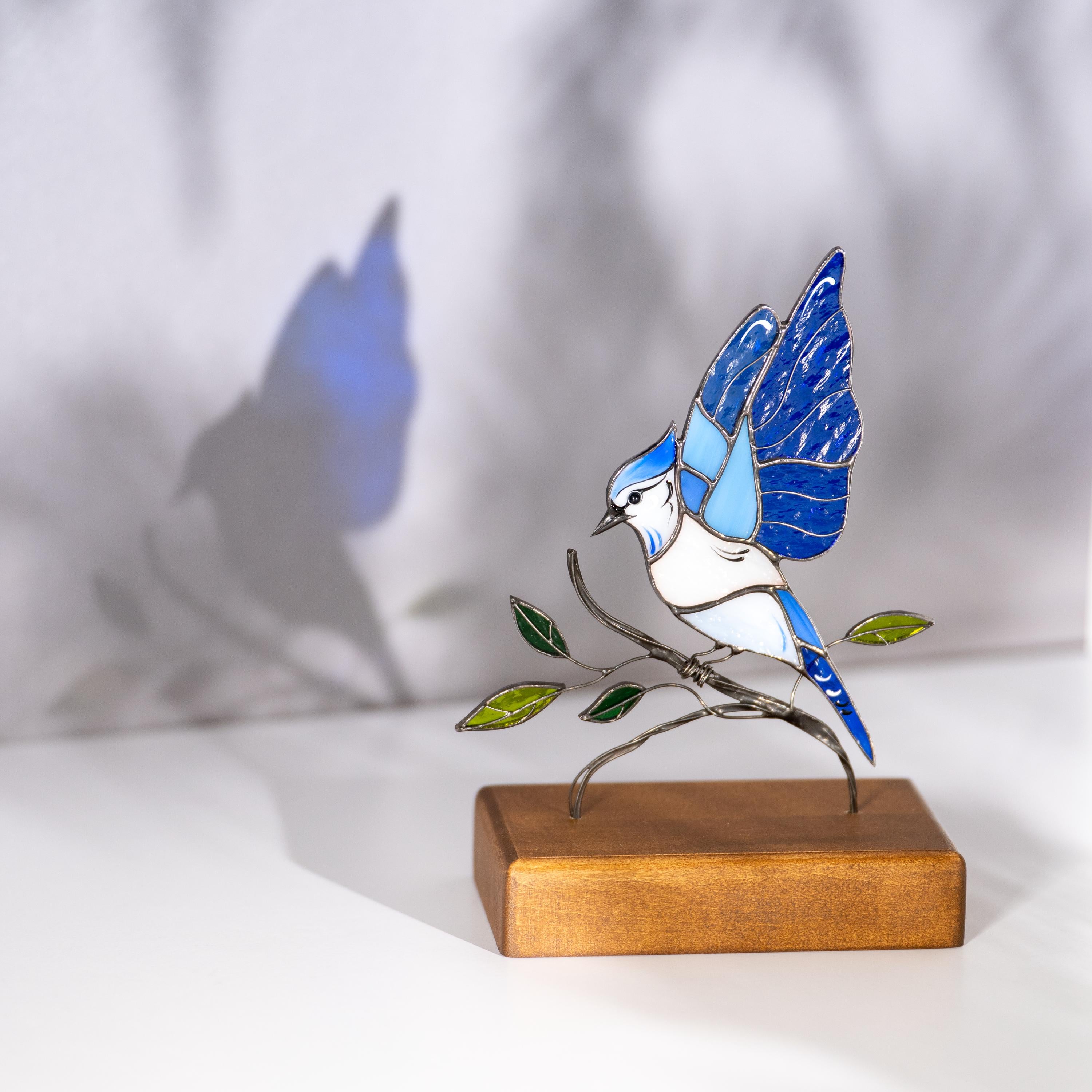 Blue Jay Stained glass art Gift for grandma Custom stained glass panel Custom suncatcher Desk accessories Best friend gifts