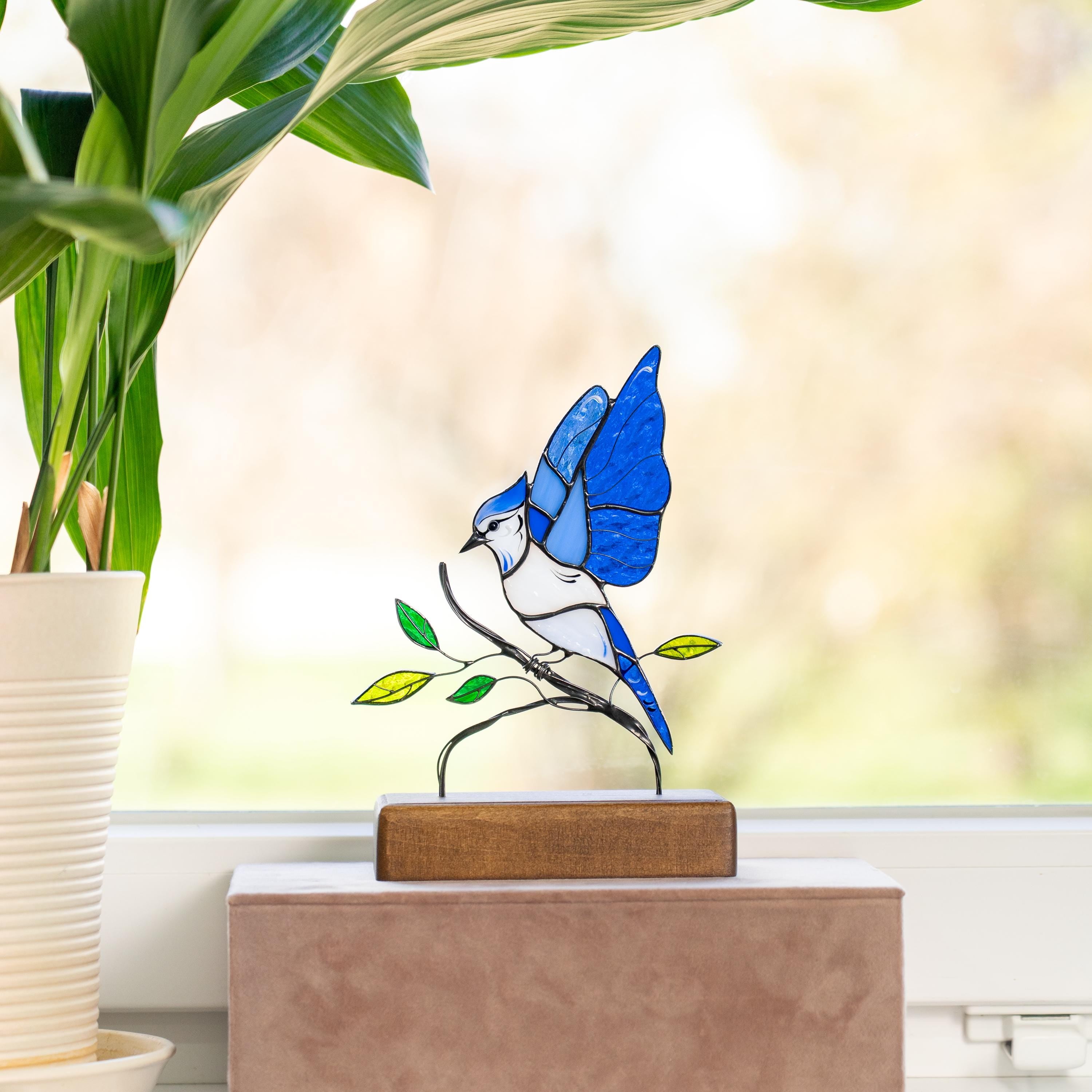 Blue Jay Stained glass art Gift for grandma Custom stained glass panel Custom suncatcher Desk accessories Best friend gifts