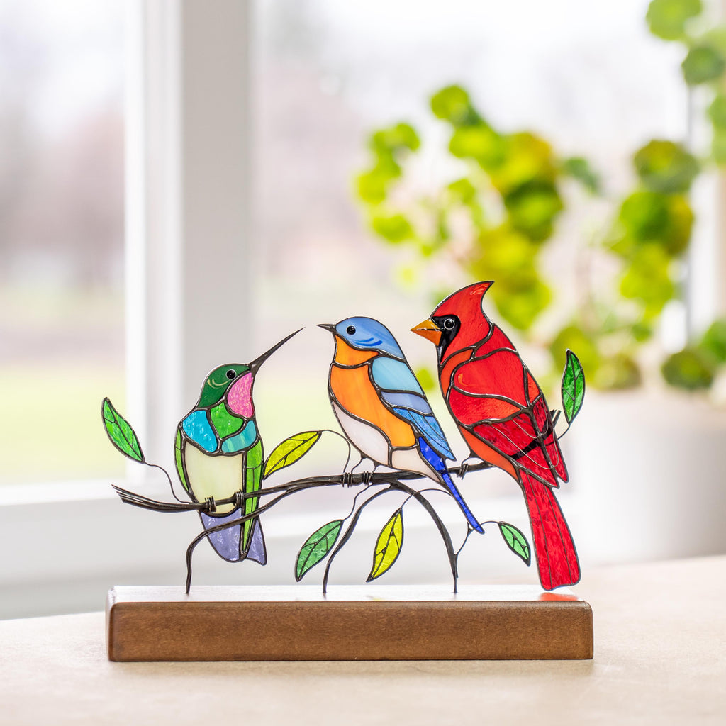 Stained glass hummingbird Godmother gift Cardinal suncatcher Custom stained glass birds Handmade gifts Bluebird ornament Stained glass panel