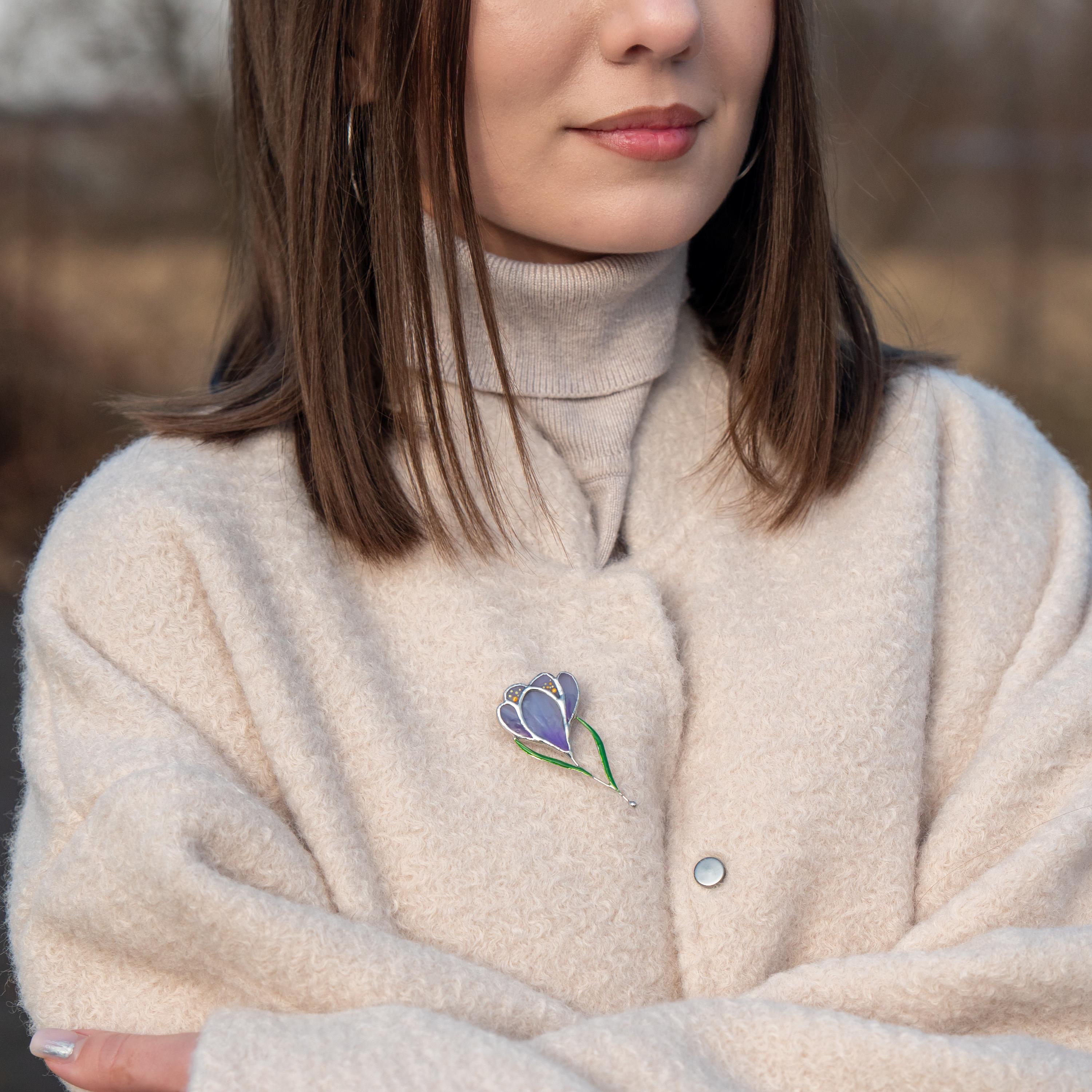 Saffron stained glass jewelry Mother in law gift Crocus stained glass flower brooch