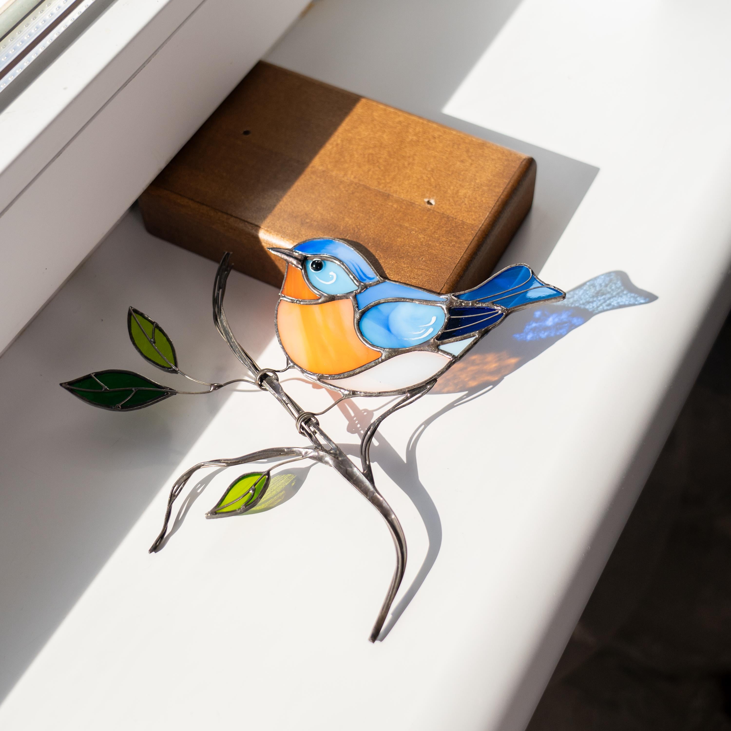 Stained glass bluebird ornament Gifts for grandma Handmade stained glass panel Chickadee Office decor Custom stained glass bird suncatcher