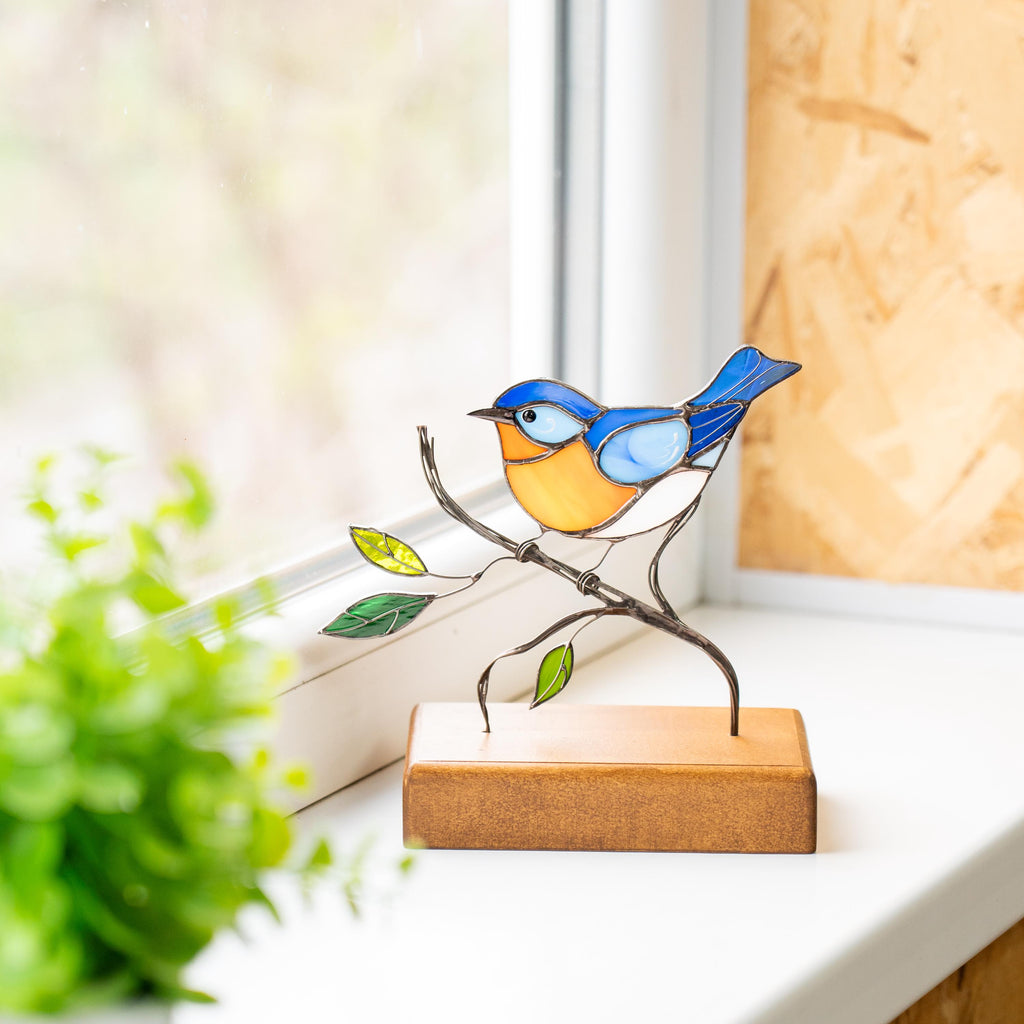 Stained glass bluebird ornament Gifts for grandma Handmade stained glass panel Chickadee Office decor Custom stained glass bird suncatcher
