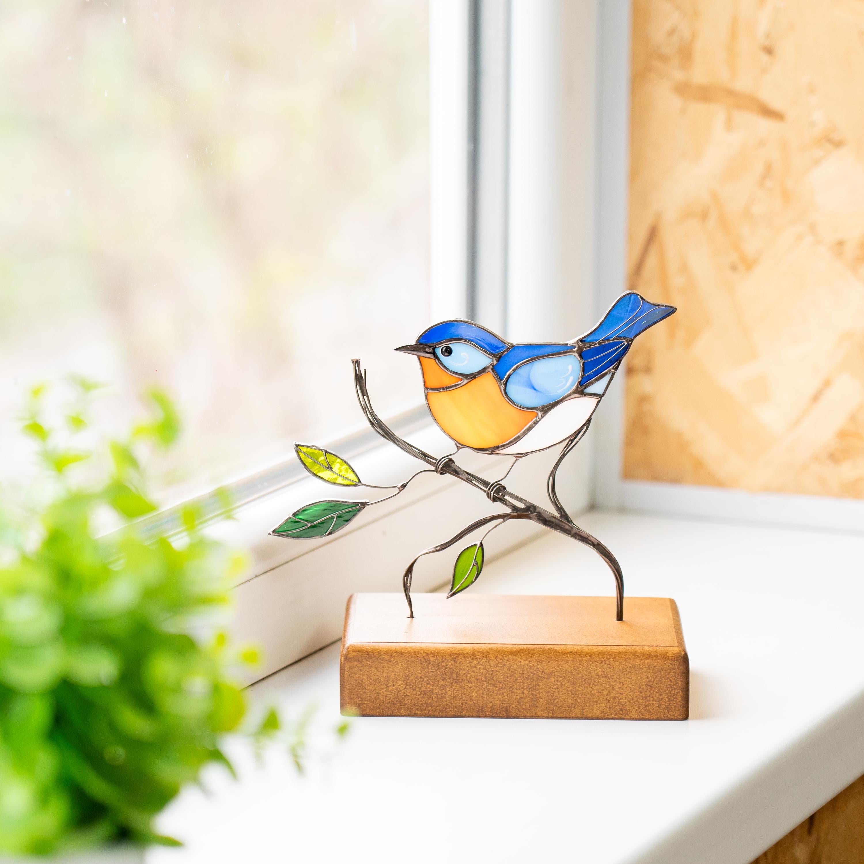 Stained glass bluebird ornament Gifts for grandma Handmade stained glass panel Chickadee Office decor Custom stained glass bird suncatcher