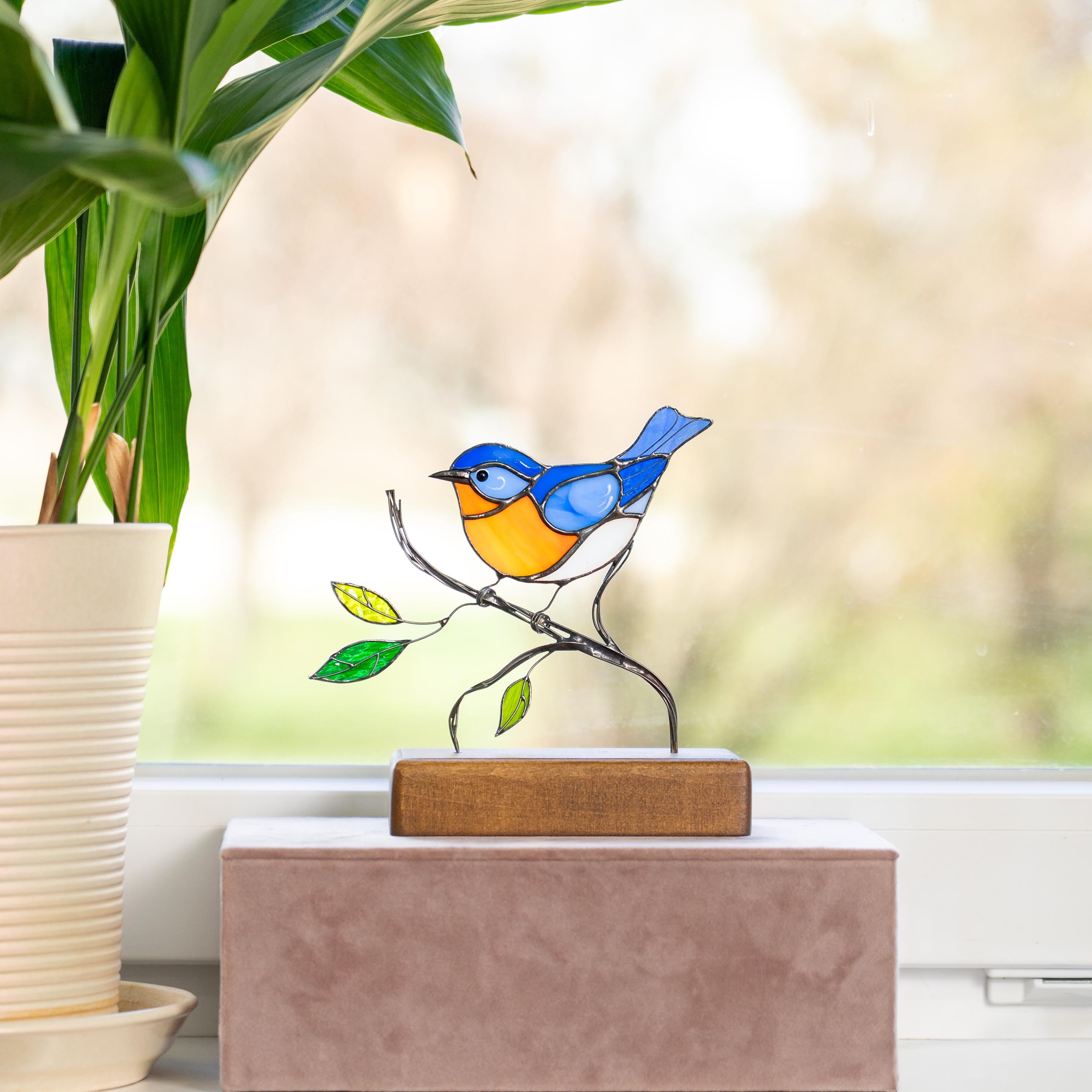 Stained glass bluebird ornament Gifts for grandma Handmade stained glass panel Chickadee Office decor Custom stained glass bird suncatcher