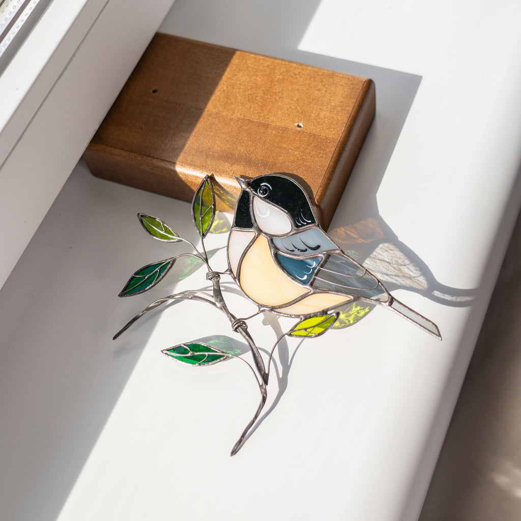Chickadee ornament Stained glass bird Sister in law gifts Chickadee suncatcher Modern stained glass panel Handmade gifts