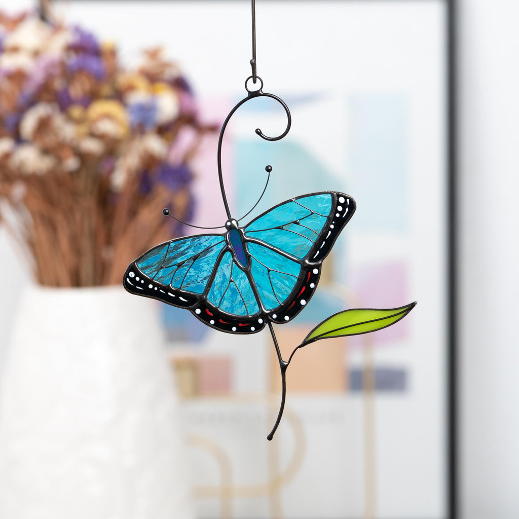 Blue moprho Butterfly stained glass window hangings Godmother gift Butterfly artwork Modern stained glass butterfly Custom suncatcher