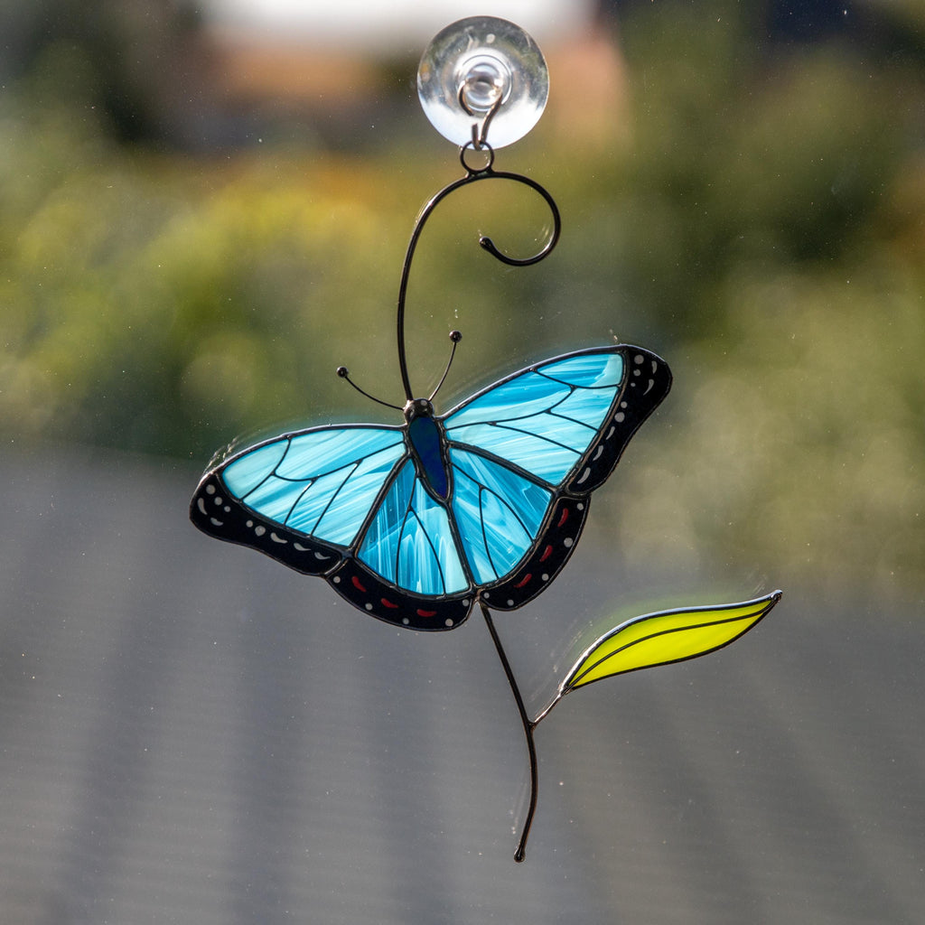 Blue moprho Butterfly stained glass window hangings Godmother gift Butterfly artwork Modern stained glass butterfly Custom suncatcher