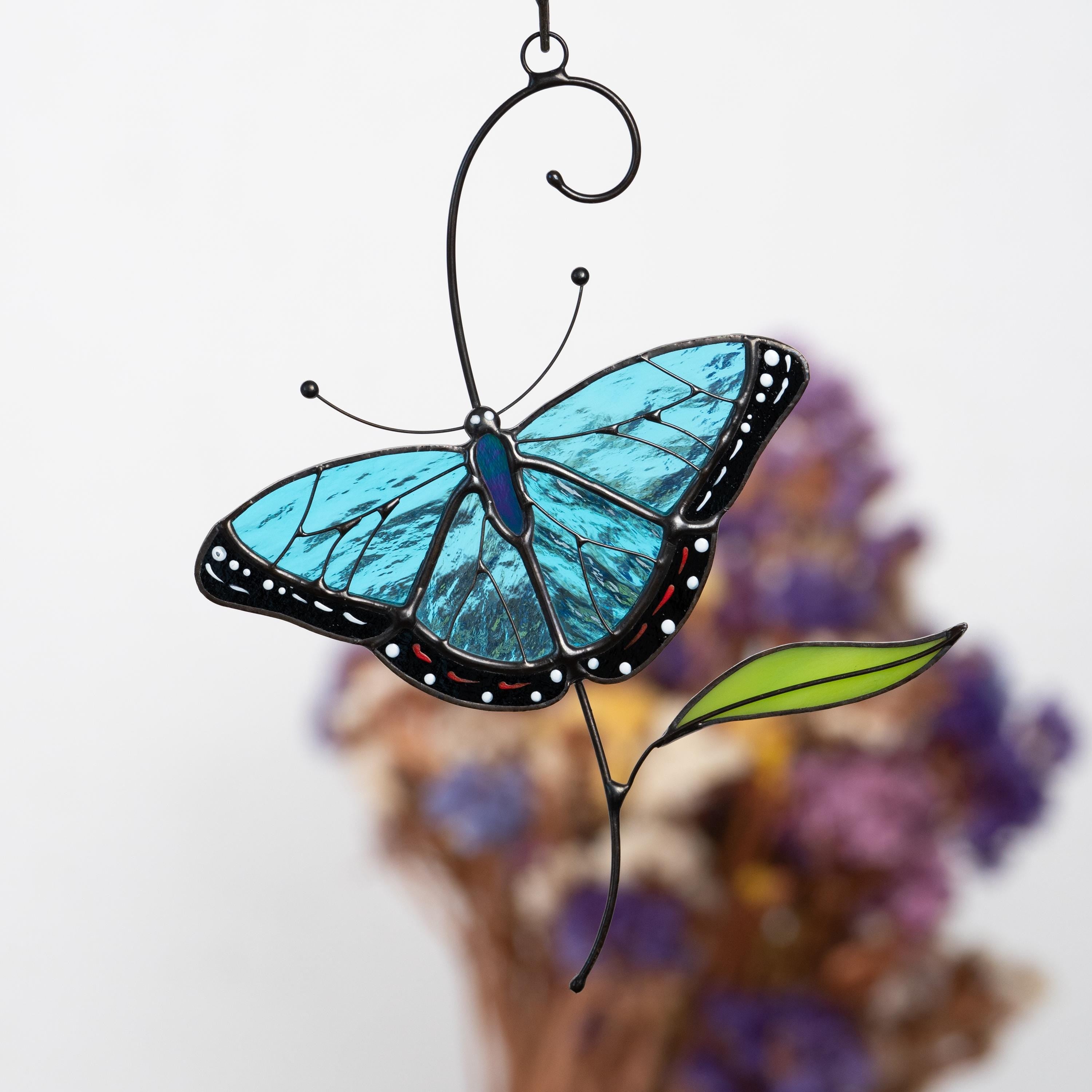 Blue moprho Butterfly stained glass window hangings Godmother gift Butterfly artwork Modern stained glass butterfly Custom suncatcher