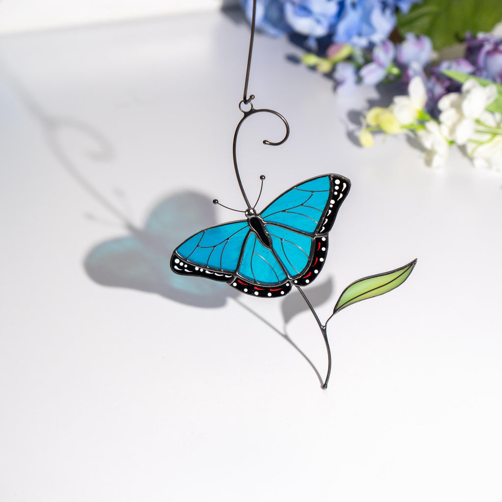 Blue moprho Butterfly stained glass window hangings Godmother gift Butterfly artwork Modern stained glass butterfly Custom suncatcher