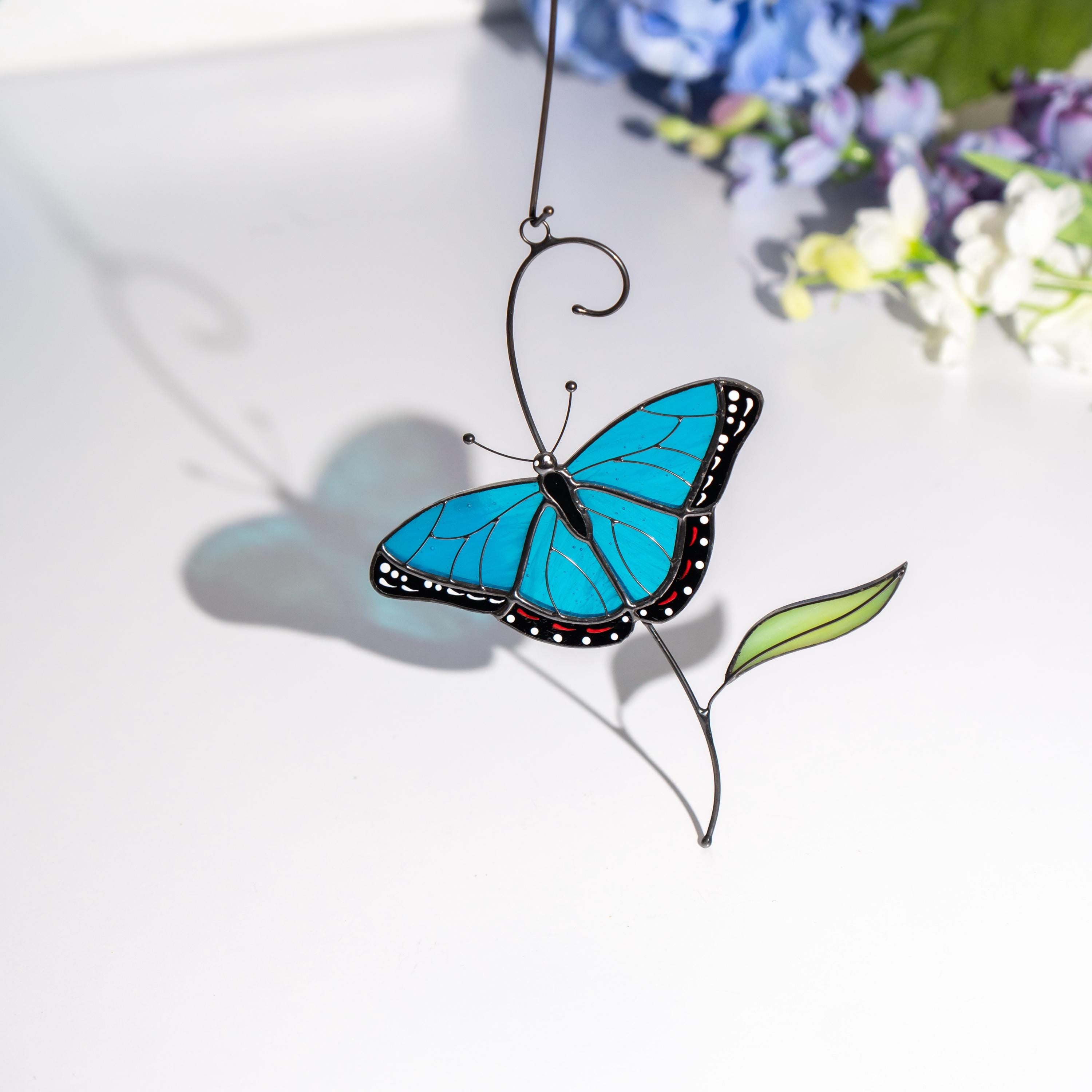 Blue moprho Butterfly stained glass window hangings Godmother gift Butterfly artwork Modern stained glass butterfly Custom suncatcher
