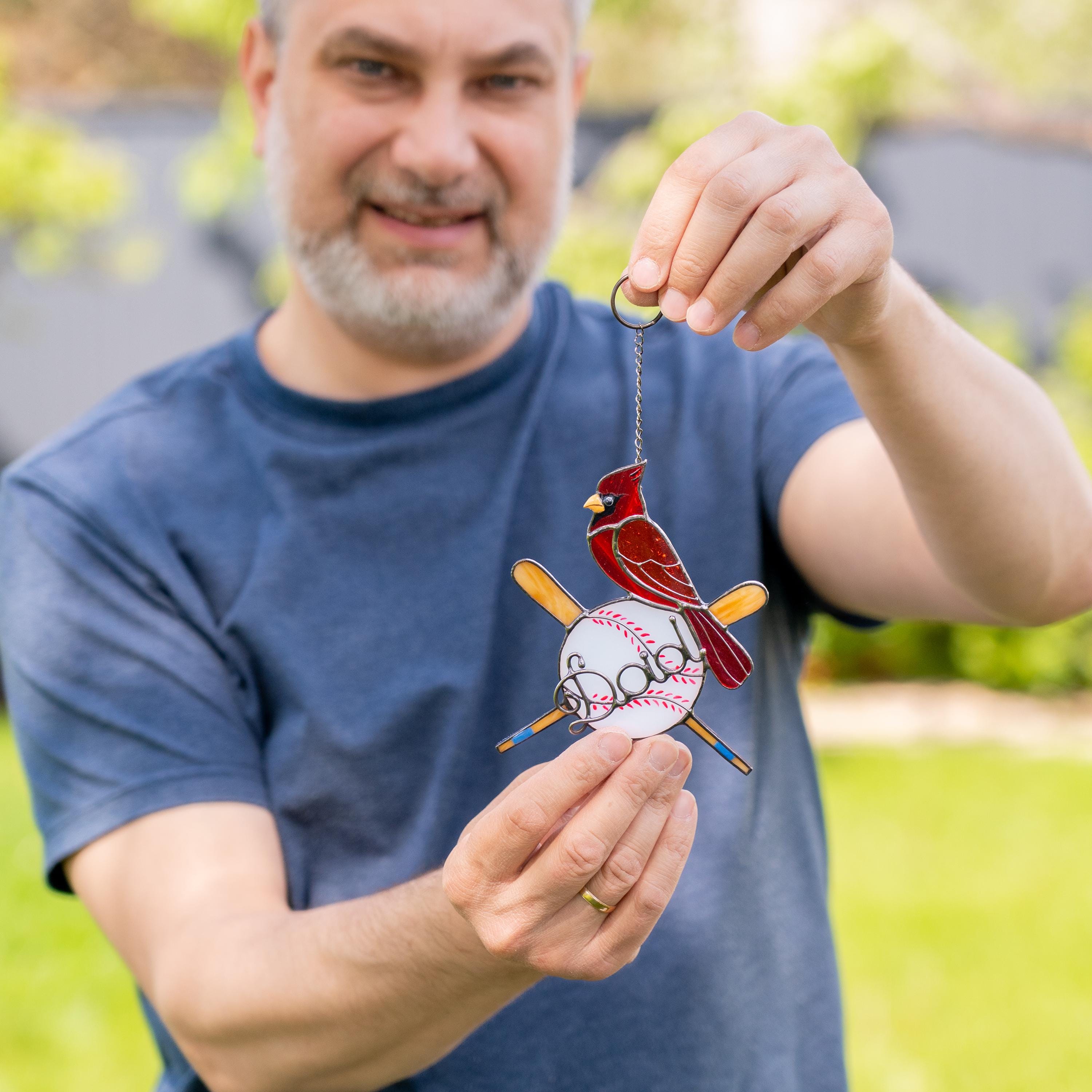 Handmade stained glass baseball suncatcher with red cardinal - Unique Fathers Day gift for sports fans - Personalized baseball ornament