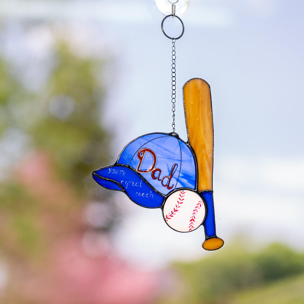 Stained glass window hangings Baseball mom Baseball ornament First Fathers Day gift from daughter Custom stained glass Sport ornament