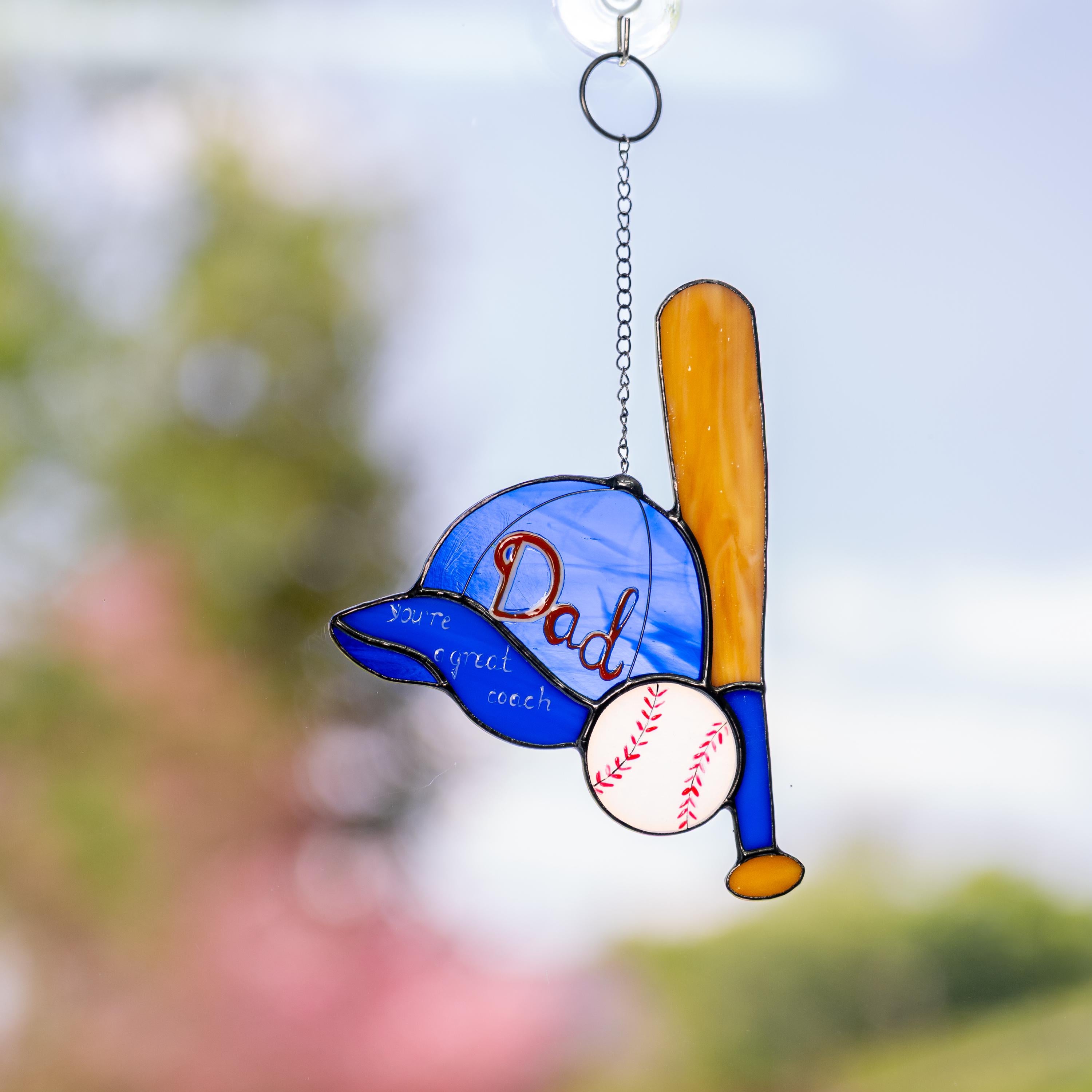 Stained glass window hangings Baseball mom Baseball ornament First Fathers Day gift from daughter Custom stained glass Sport ornament