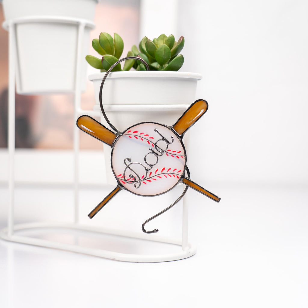 Personalized baseball ornament for dad, Stained glass window hangings, Fathers Day gift, Sports decor for man cave