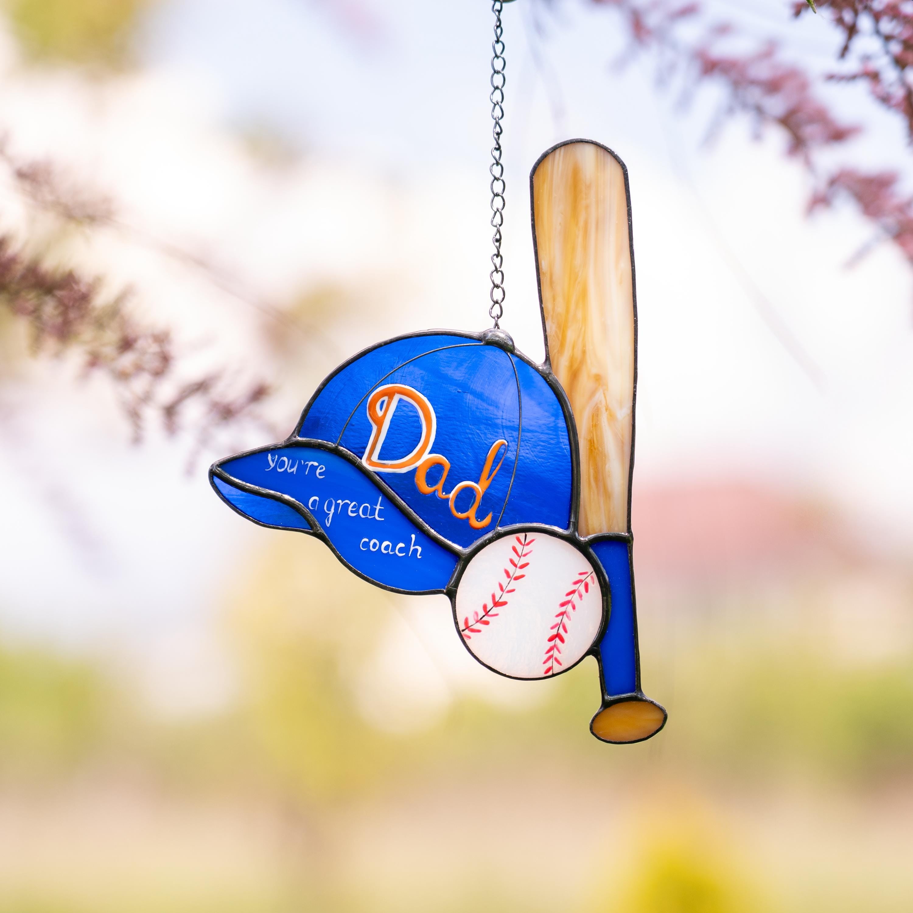 Stained glass window hangings Baseball mom Baseball ornament First Fathers Day gift from daughter Custom stained glass Sport ornament