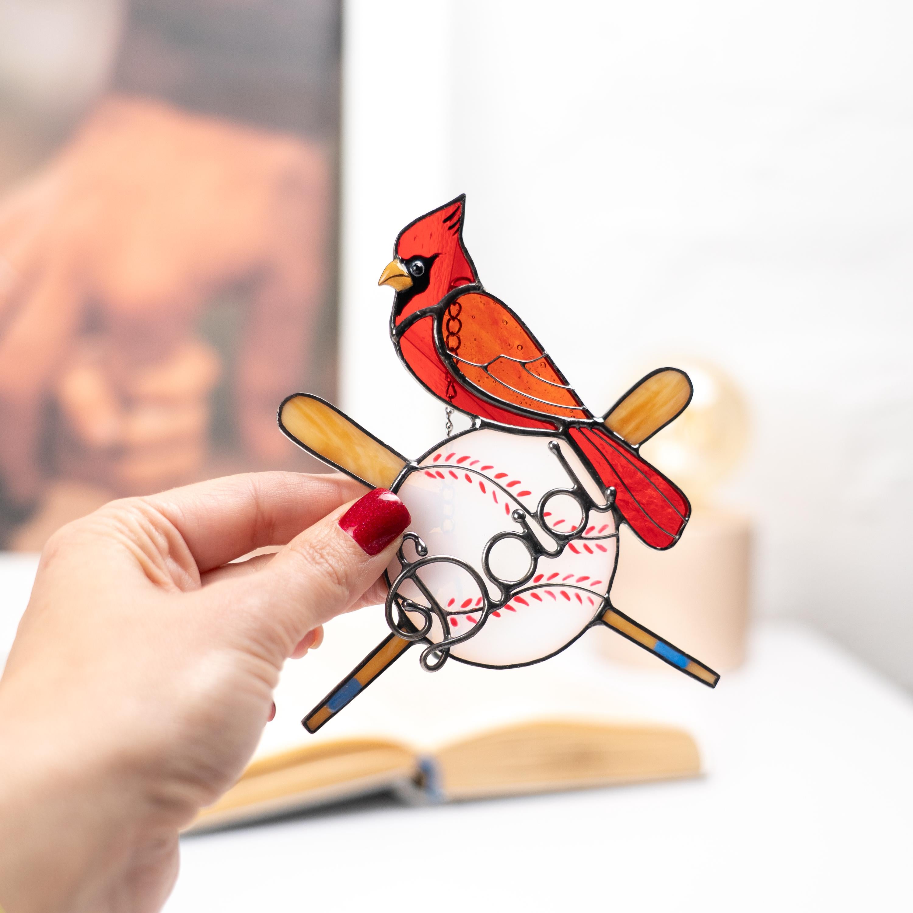 Handmade stained glass baseball suncatcher with red cardinal - Unique Fathers Day gift for sports fans - Personalized baseball ornament