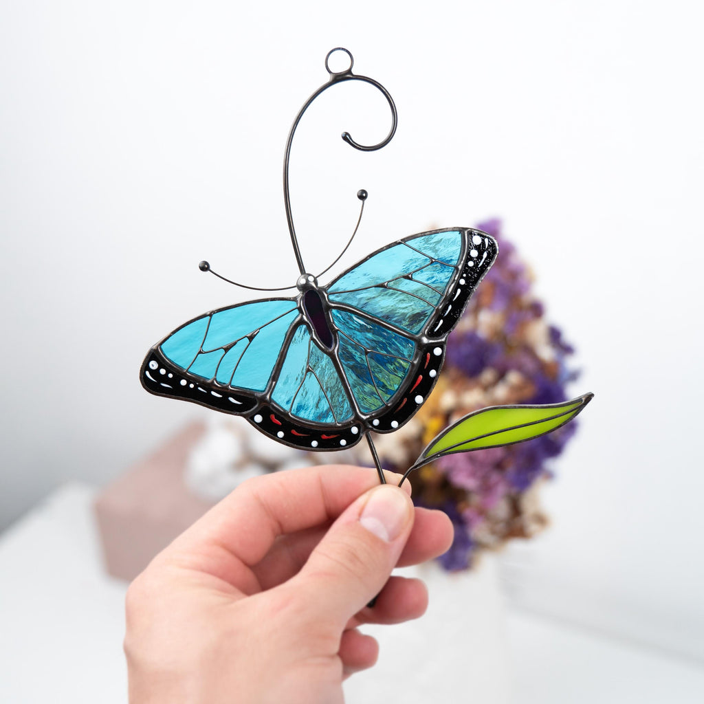 Blue moprho Butterfly stained glass window hangings Godmother gift Butterfly artwork Modern stained glass butterfly Custom suncatcher