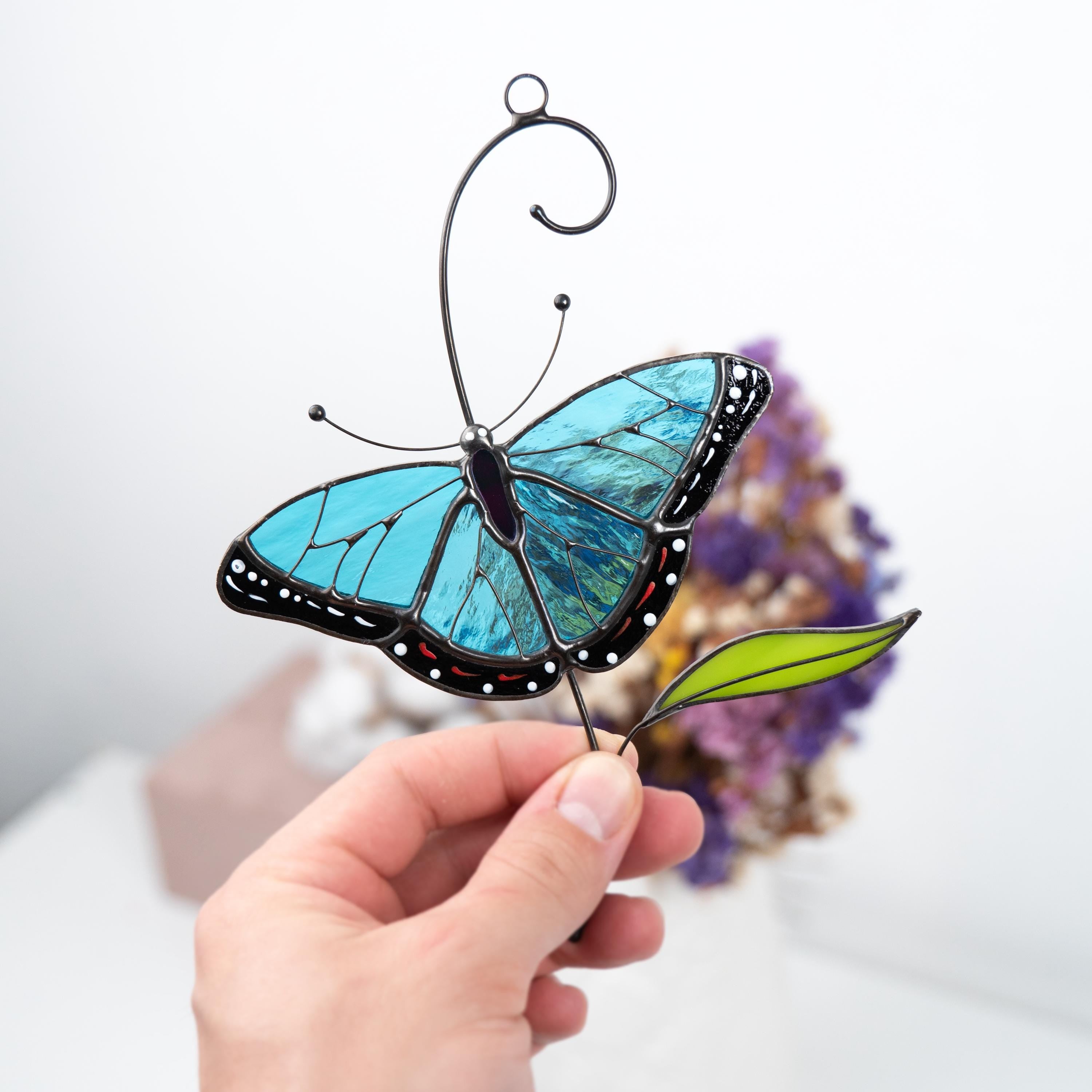 Blue moprho Butterfly stained glass window hangings Godmother gift Butterfly artwork Modern stained glass butterfly Custom suncatcher