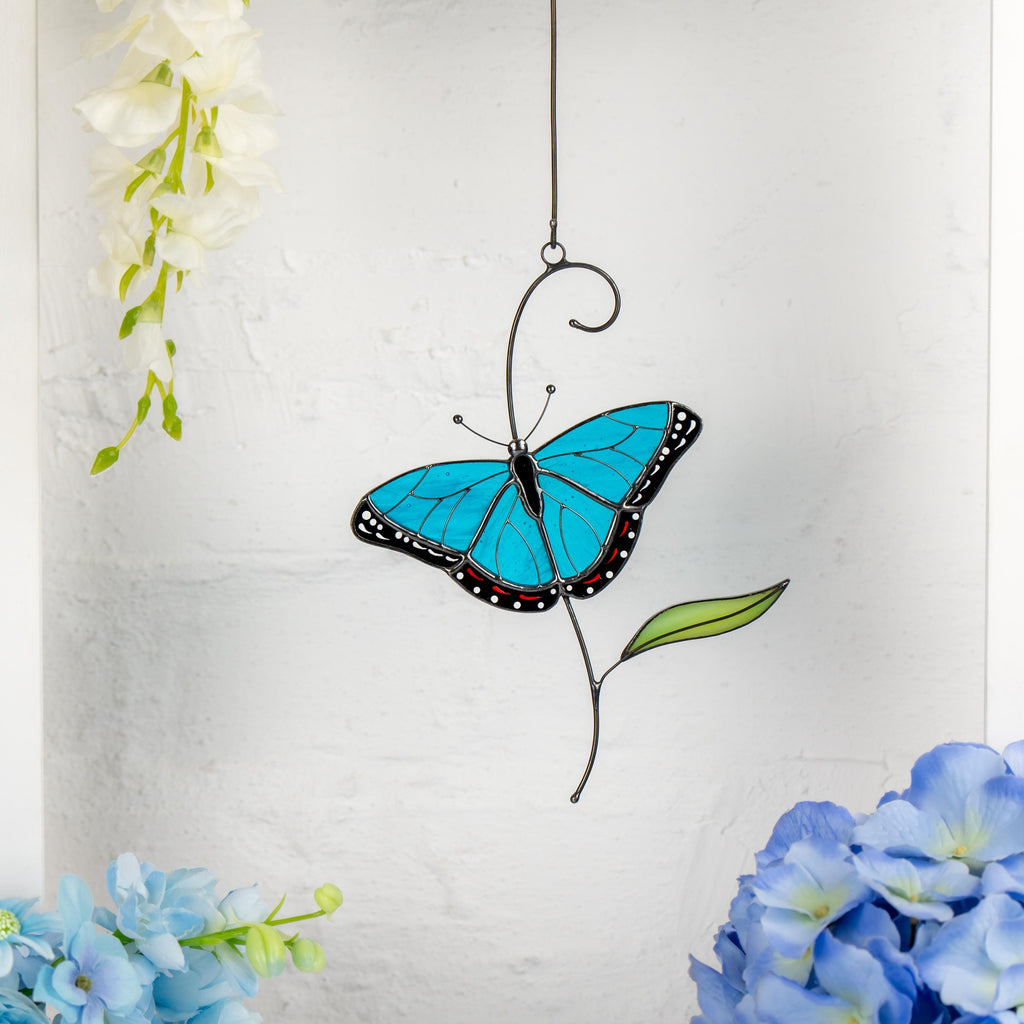 Blue moprho Butterfly stained glass window hangings Godmother gift Butterfly artwork Modern stained glass butterfly Custom suncatcher