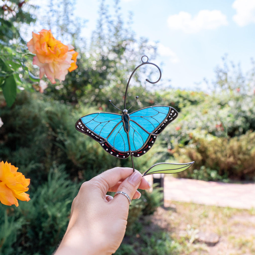 Blue moprho Butterfly stained glass window hangings Godmother gift Butterfly artwork Modern stained glass butterfly Custom suncatcher