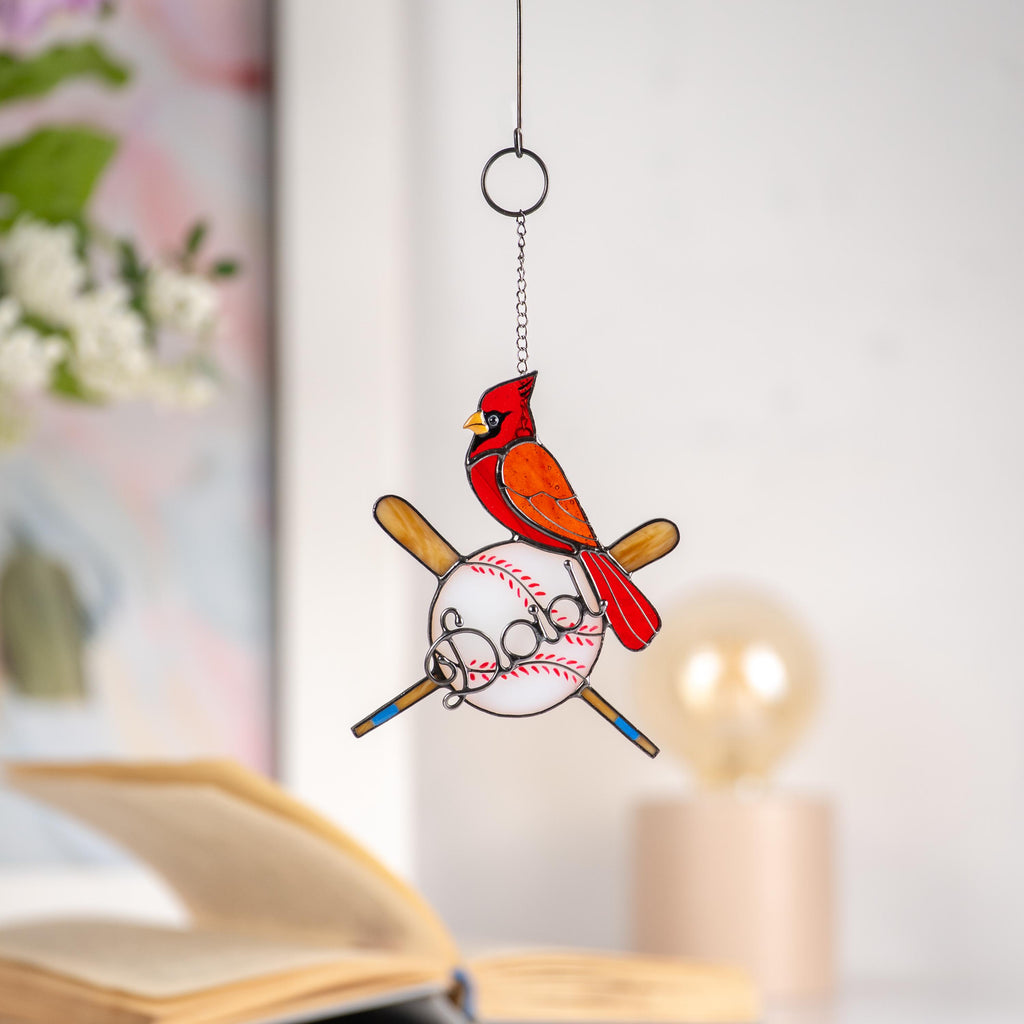 Handmade stained glass baseball suncatcher with red cardinal - Unique Fathers Day gift for sports fans - Personalized baseball ornament