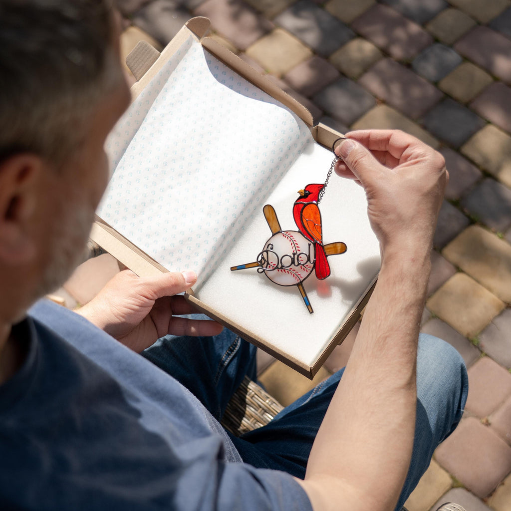 Handmade stained glass baseball suncatcher with red cardinal - Unique Fathers Day gift for sports fans - Personalized baseball ornament