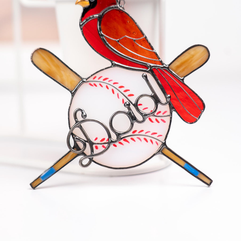 Handmade stained glass baseball suncatcher with red cardinal - Unique Fathers Day gift for sports fans - Personalized baseball ornament