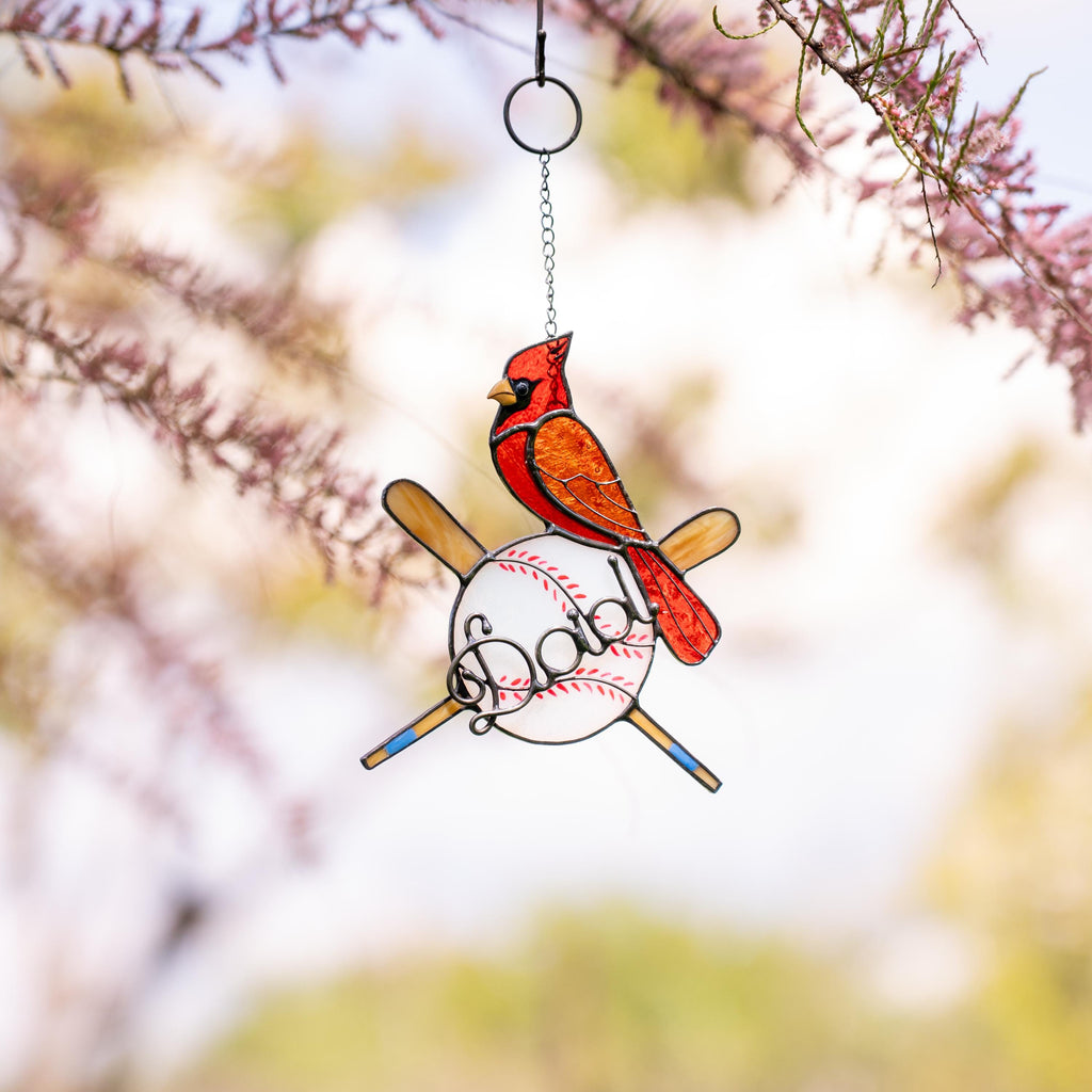 Handmade stained glass baseball suncatcher with red cardinal - Unique Fathers Day gift for sports fans - Personalized baseball ornament