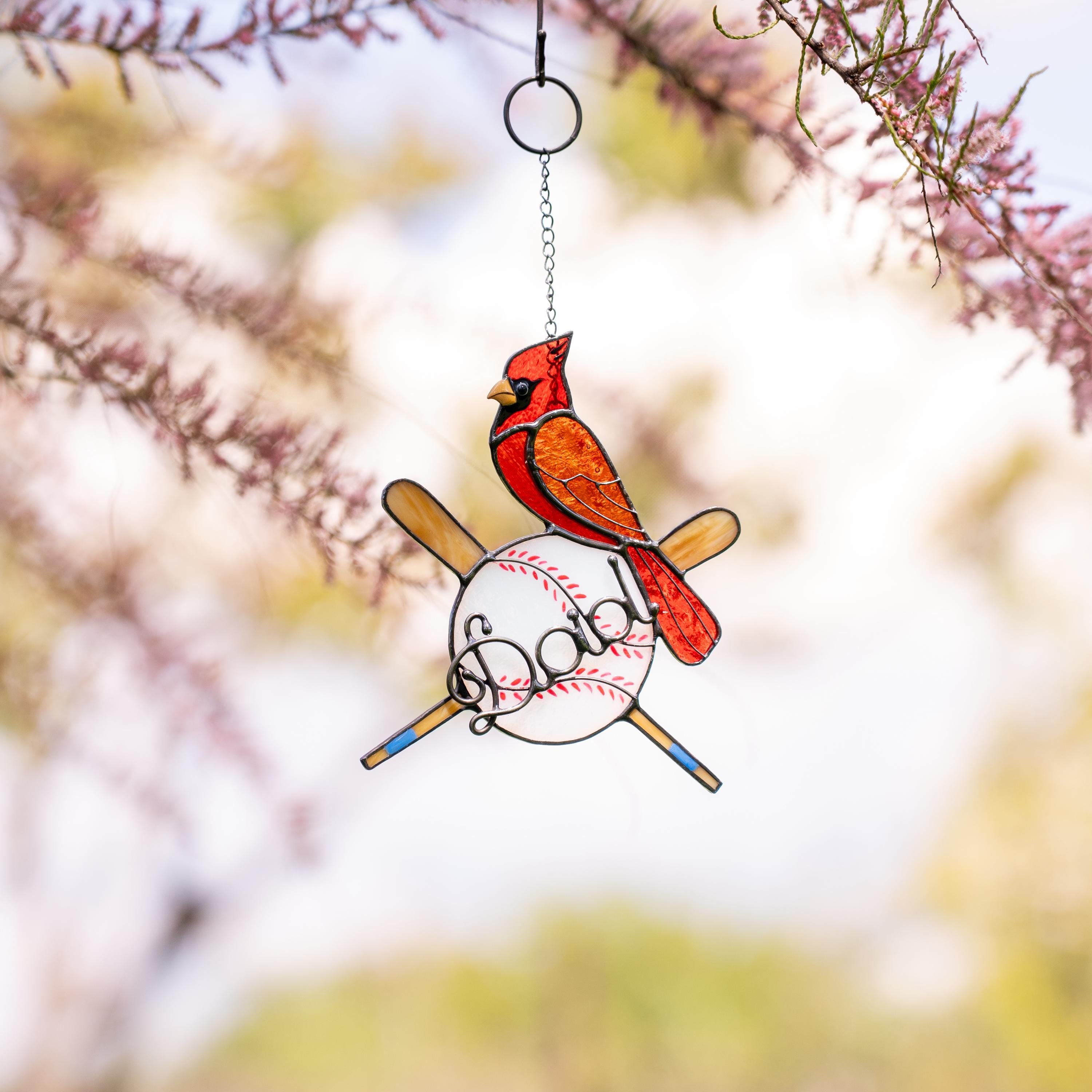 Handmade stained glass baseball suncatcher with red cardinal - Unique Fathers Day gift for sports fans - Personalized baseball ornament