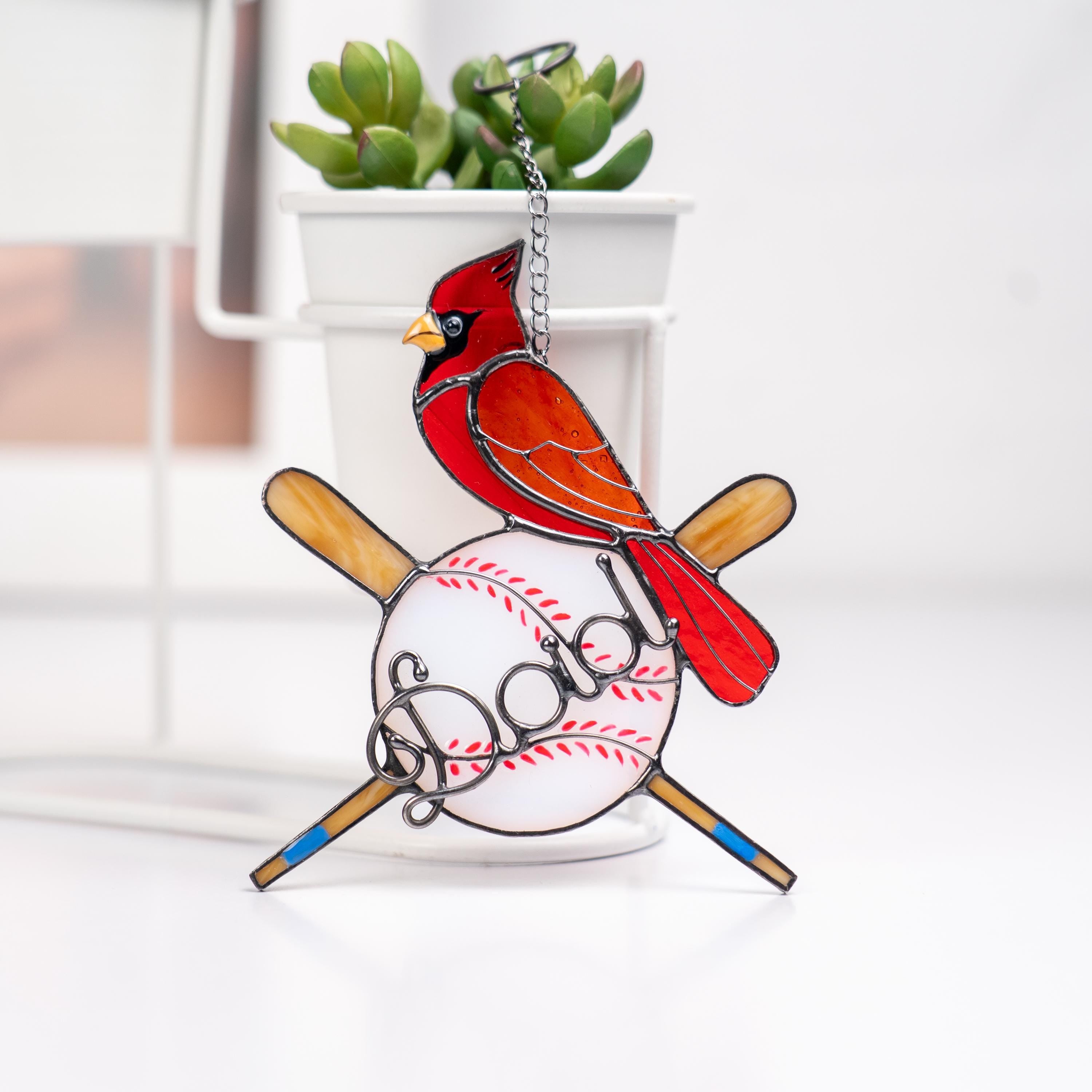 Handmade stained glass baseball suncatcher with red cardinal - Unique Fathers Day gift for sports fans - Personalized baseball ornament