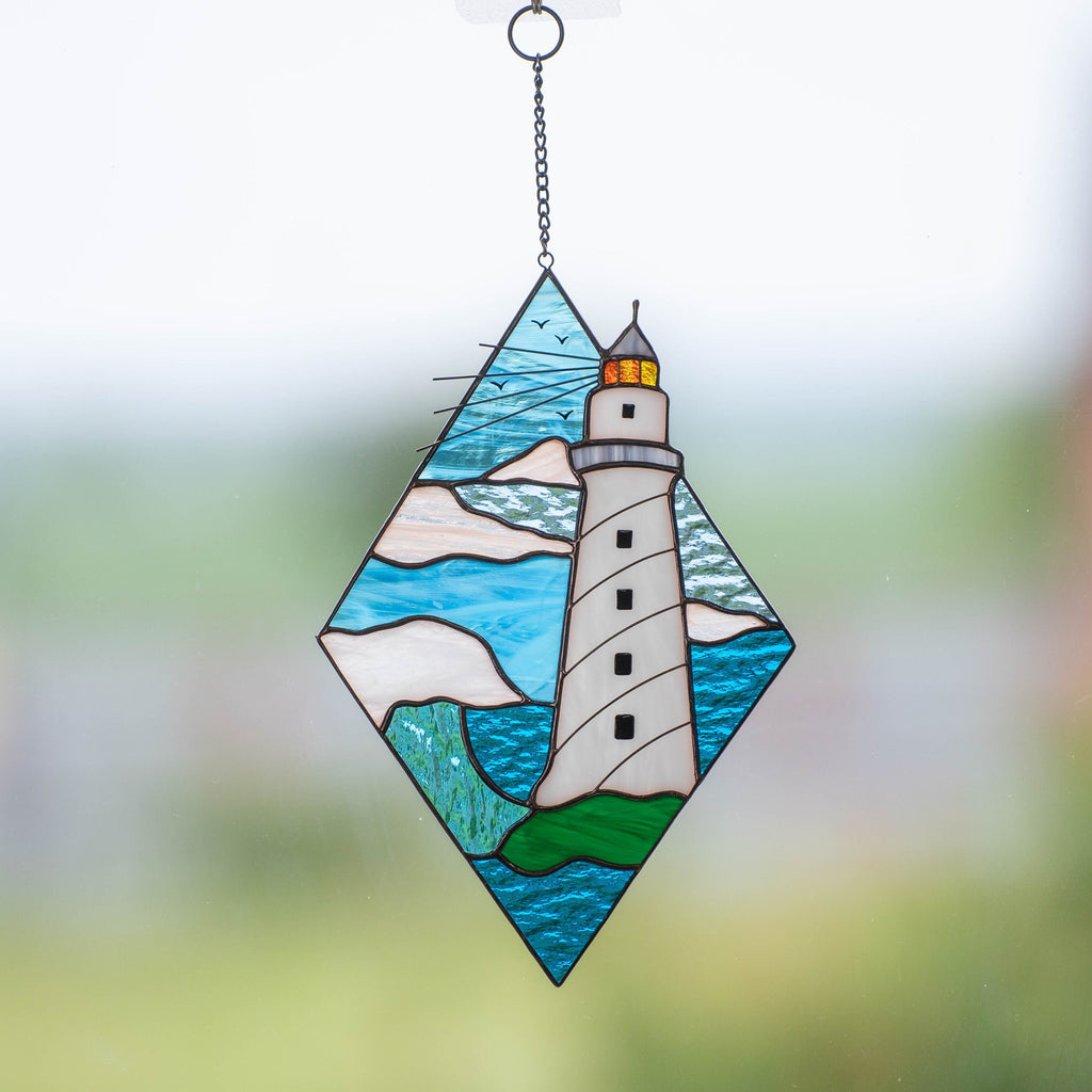 Lighthouse stained glass window hangings Godfather gift Custom stained glass panel Modern stained glass beach glass art Best gift for mom