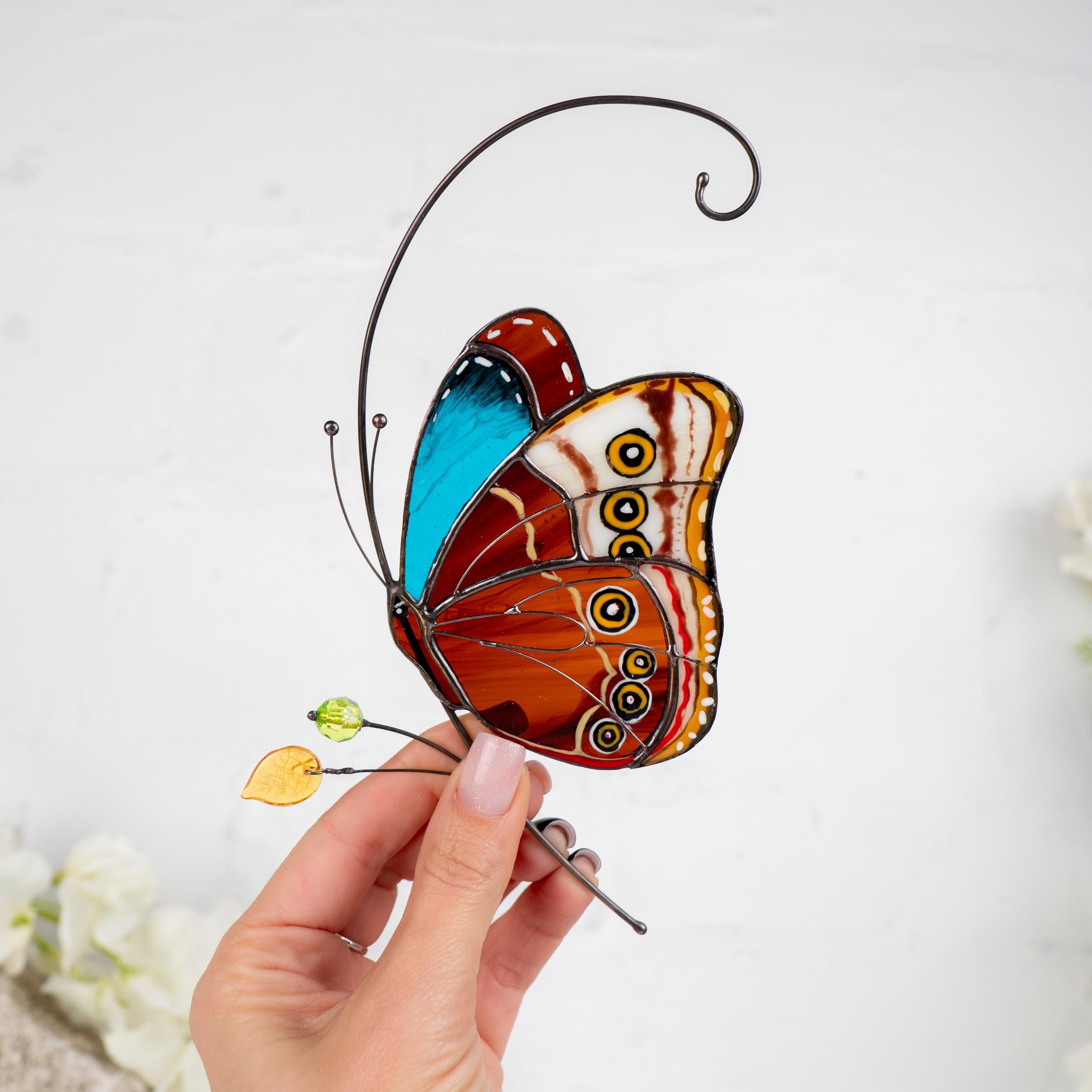Stained glass butterfly garden art New mom gift Morpho butterfly Custom stained glass butterfly ornament Modern stained glass suncatcher