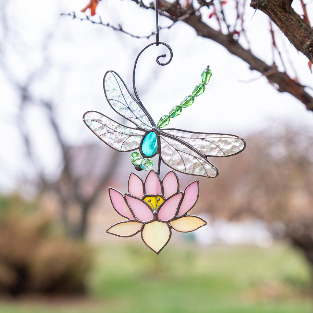 Modern stained glass dragonfly Godmother gift House warming gifts new home Custom stained glass lotus flower Dragonfly decor