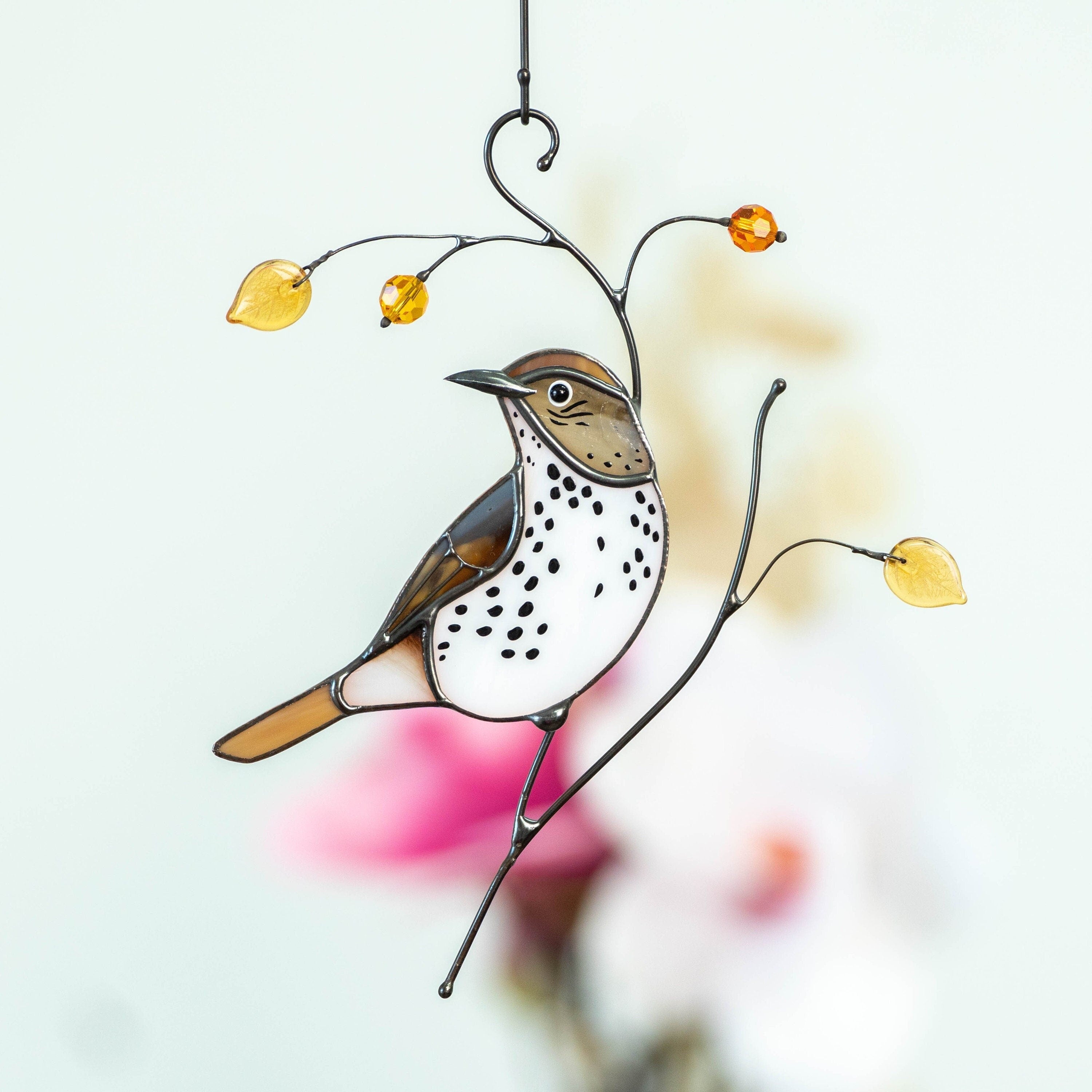 Bird artwork stained glass window hangings Wood Thrush Unique gift for mom Stained glass suncatcher Custom stained glass art