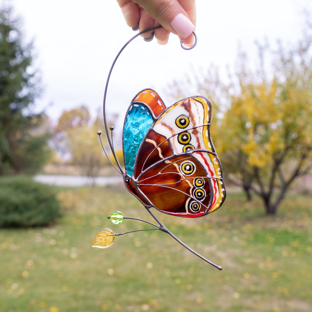 Stained glass window hangings Godmother gift Morpho Custom stained glass butterfly ornament Fairy garden accessories