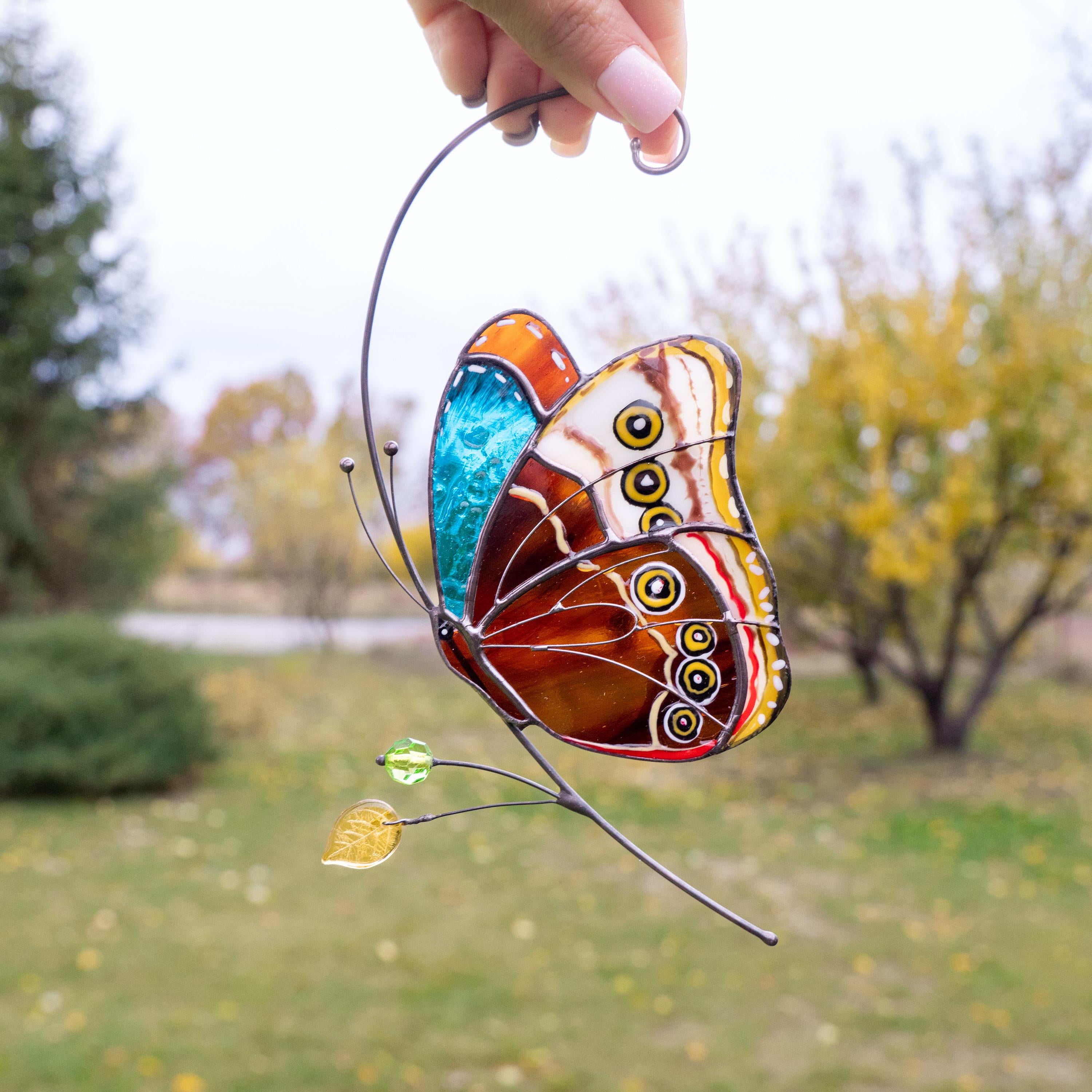 Stained glass window hangings Godmother gift Morpho Custom stained glass butterfly ornament Fairy garden accessories