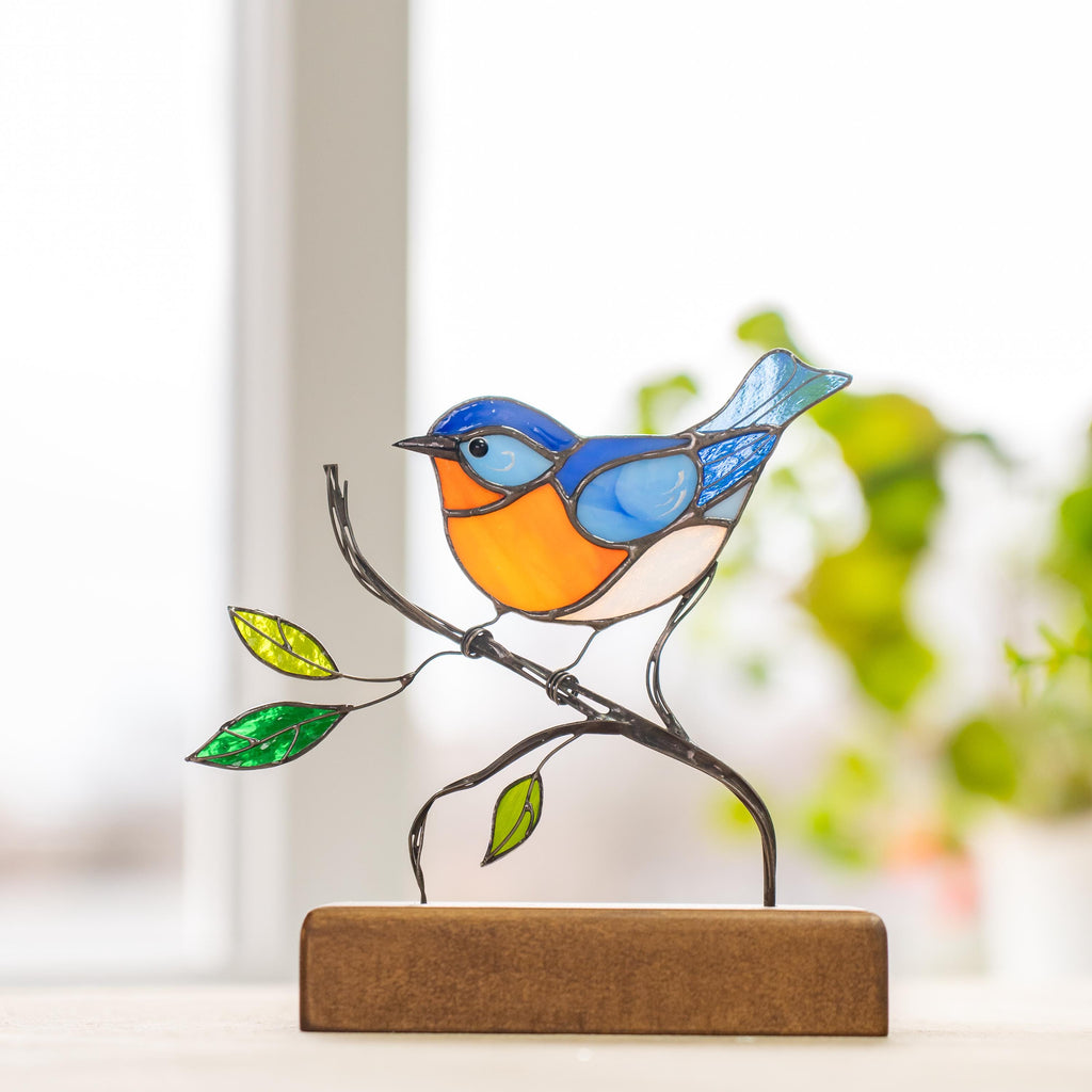 Stained glass bluebird ornament Gifts for grandma Handmade stained glass panel Chickadee Office decor Custom stained glass bird suncatcher