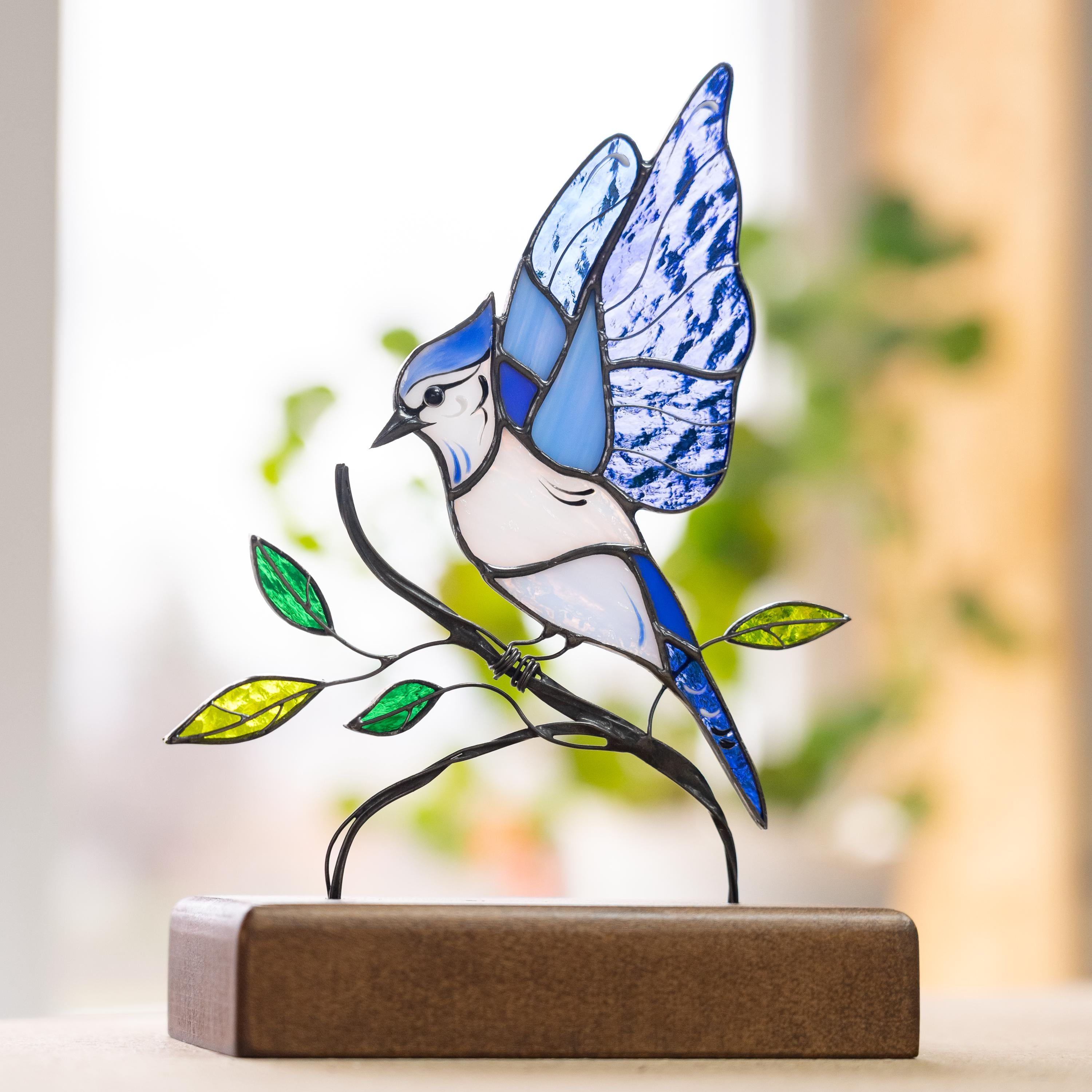 Blue Jay Stained glass art Gift for grandma Custom stained glass panel Custom suncatcher Desk accessories Best friend gifts