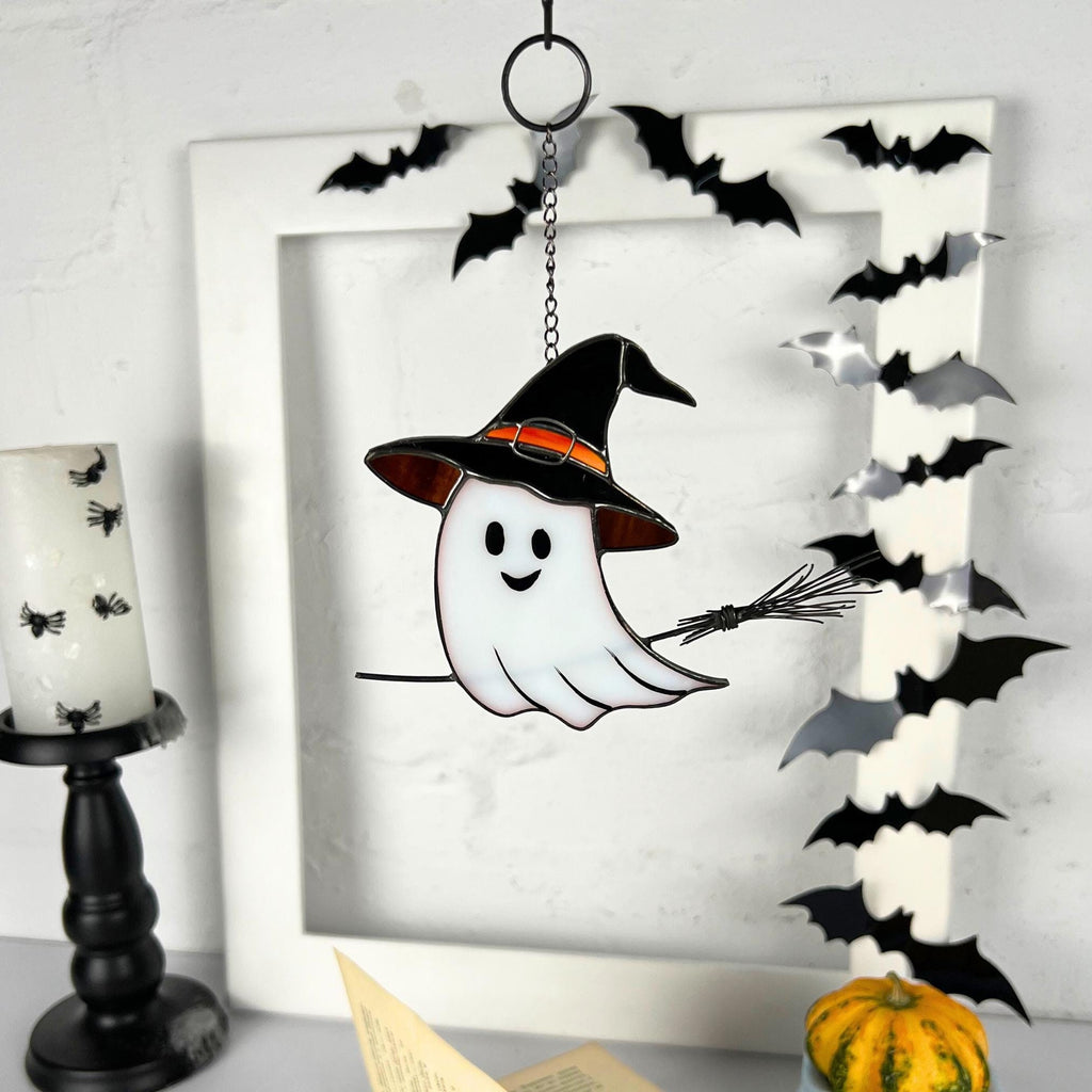Halloween stained glass window hangings Ghost face Custom stained glass Halloween artwork Haunted items Halloween gift