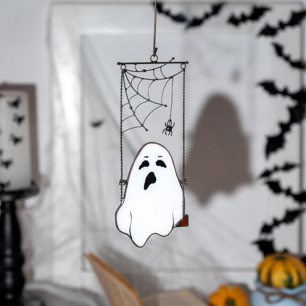 Cute ghost stained glass Halloween suncatcher Whimsigoth decor Ghostface stained glass window hangings Halloween decor indoor Fall artwork