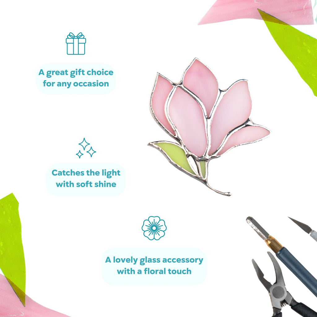 Magnolia stained glass jewelry Unique gift for mom Flower brooch pin