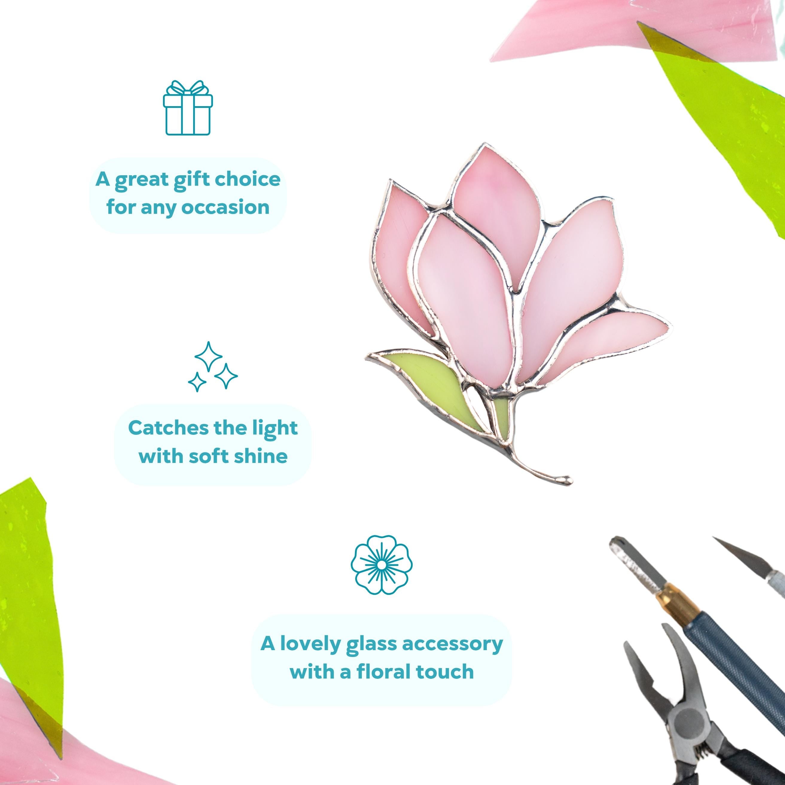 Magnolia stained glass jewelry Unique gift for mom Flower brooch pin
