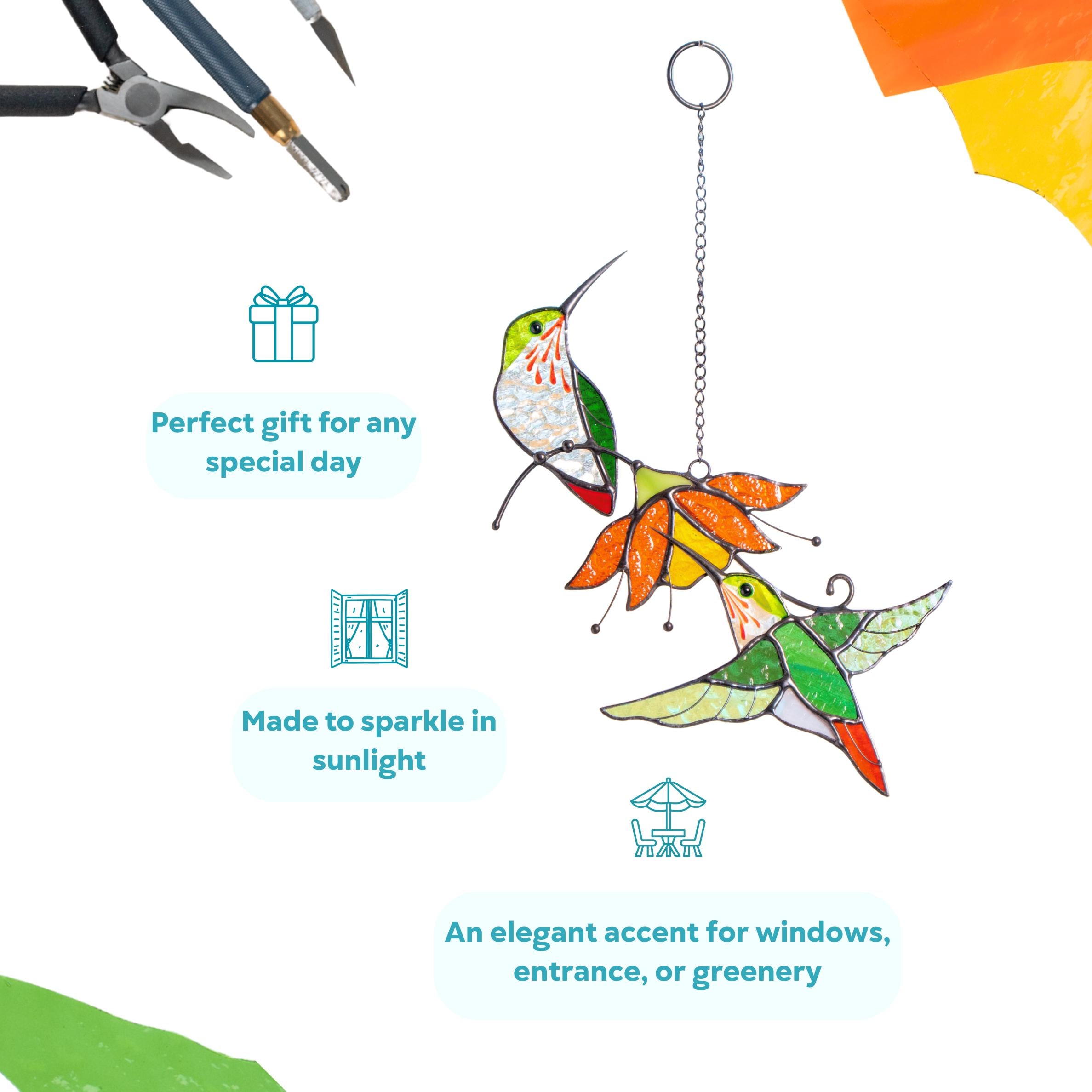 Hummingbird stained glass birds Best gift for mom Custom stained glass window hangings Fairy garden accessories