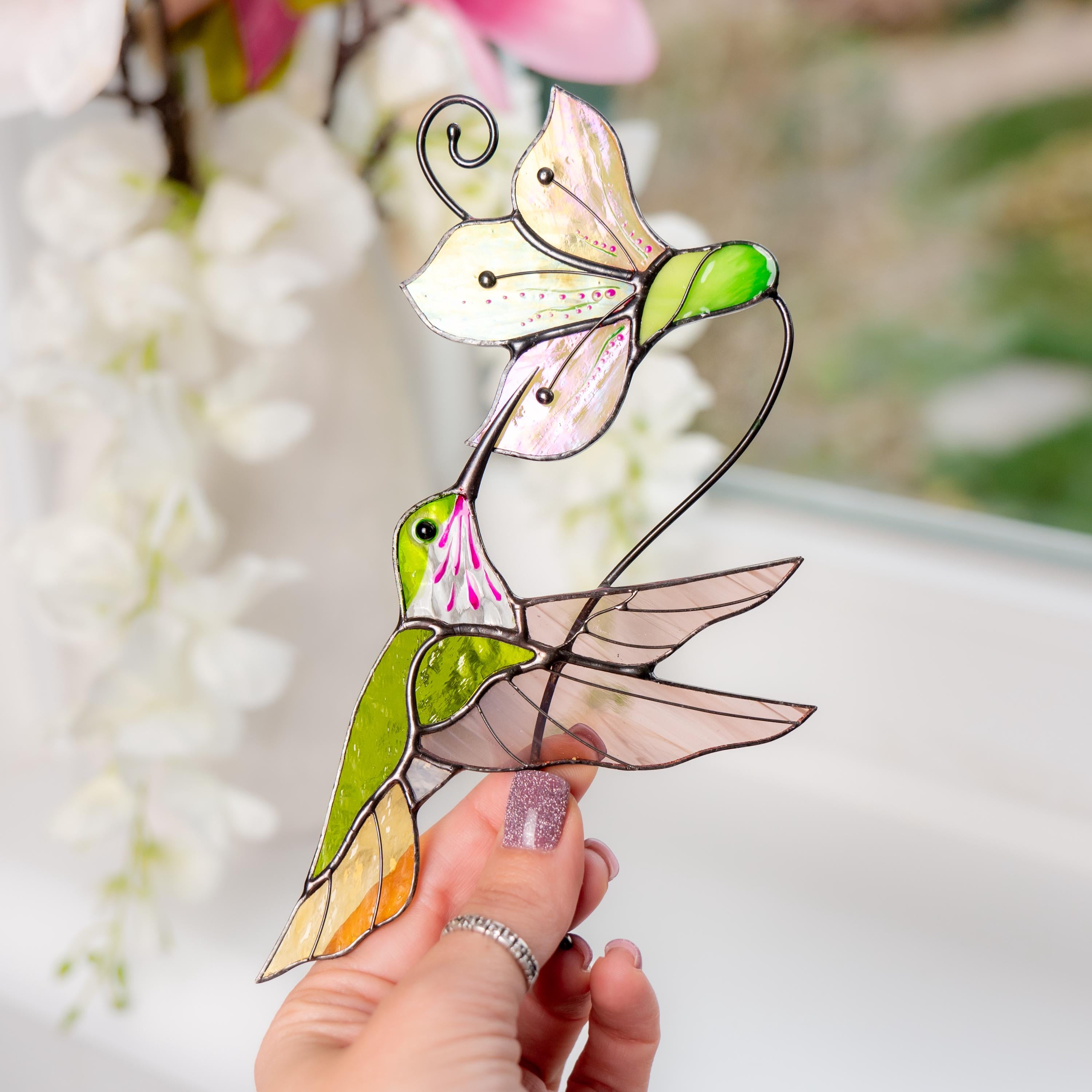 Hummingbird stained glass window hangings New mom gift Flower suncatcher House warming gifts new home Hummingbird stained glass suncatcher