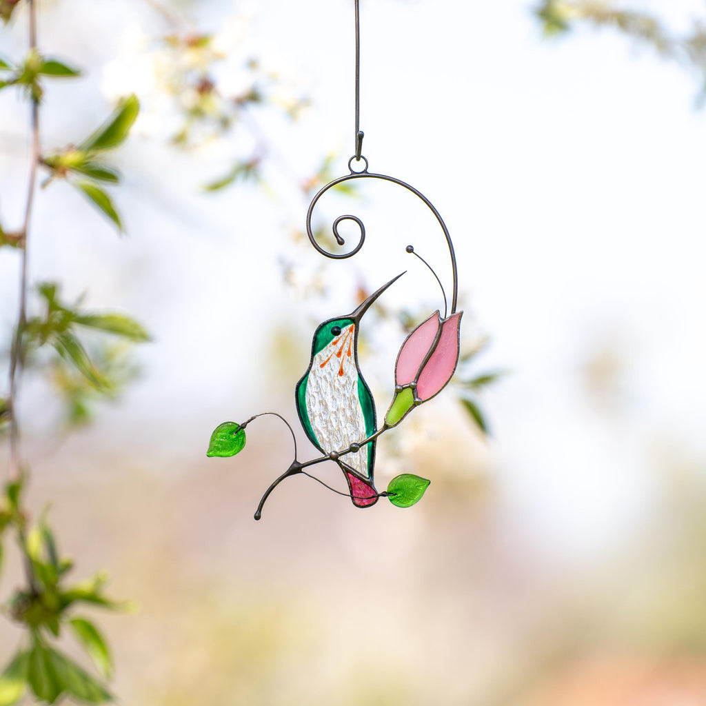 Stained glass window hangings Mother in law gift Handmade product Stained glass hummingbird suncatcher Flower suncatcher Bird lover gifts