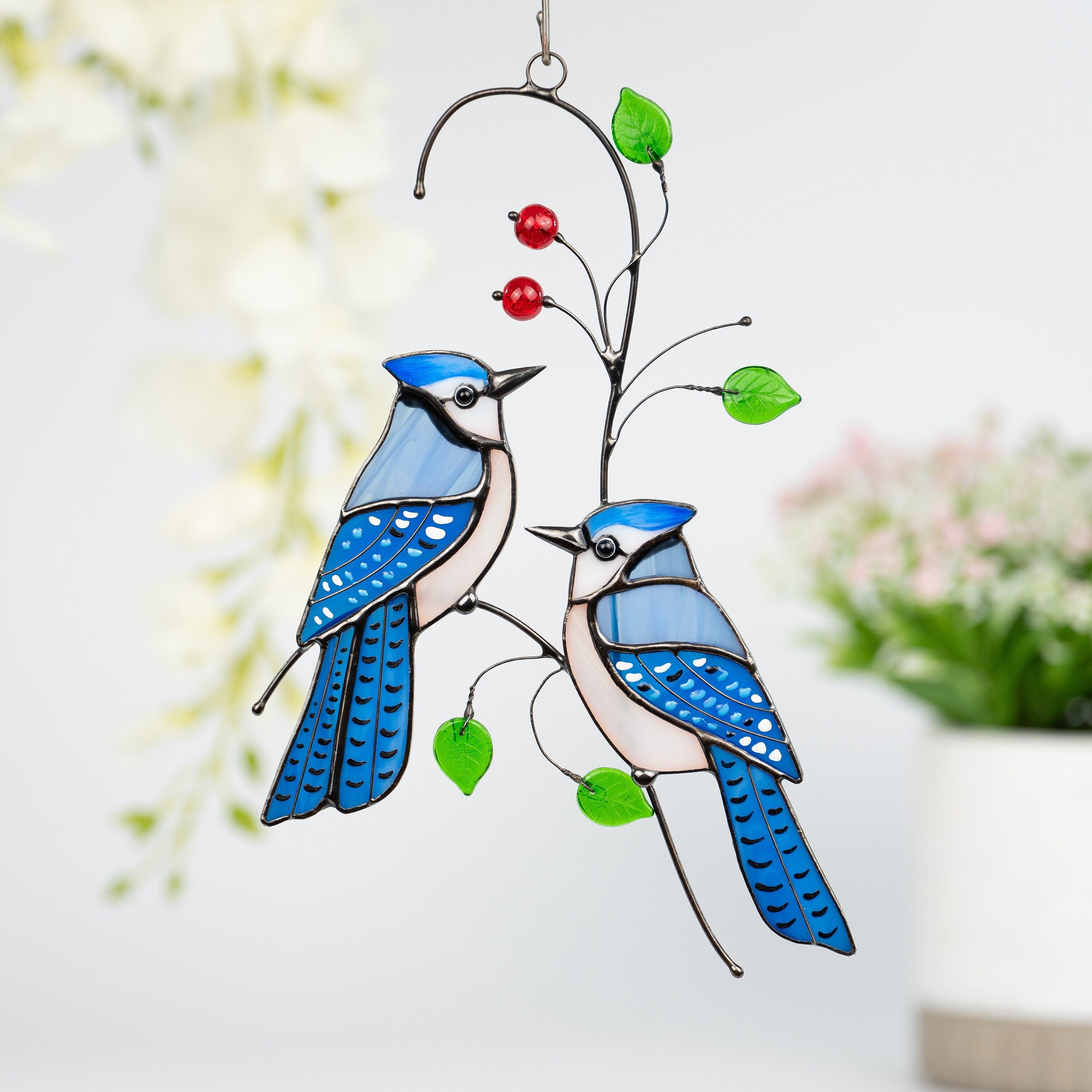 Stained glass bird suncatcher Grandparent gifts Blue jay stained glass window hangings Custom stained glass bird artwork