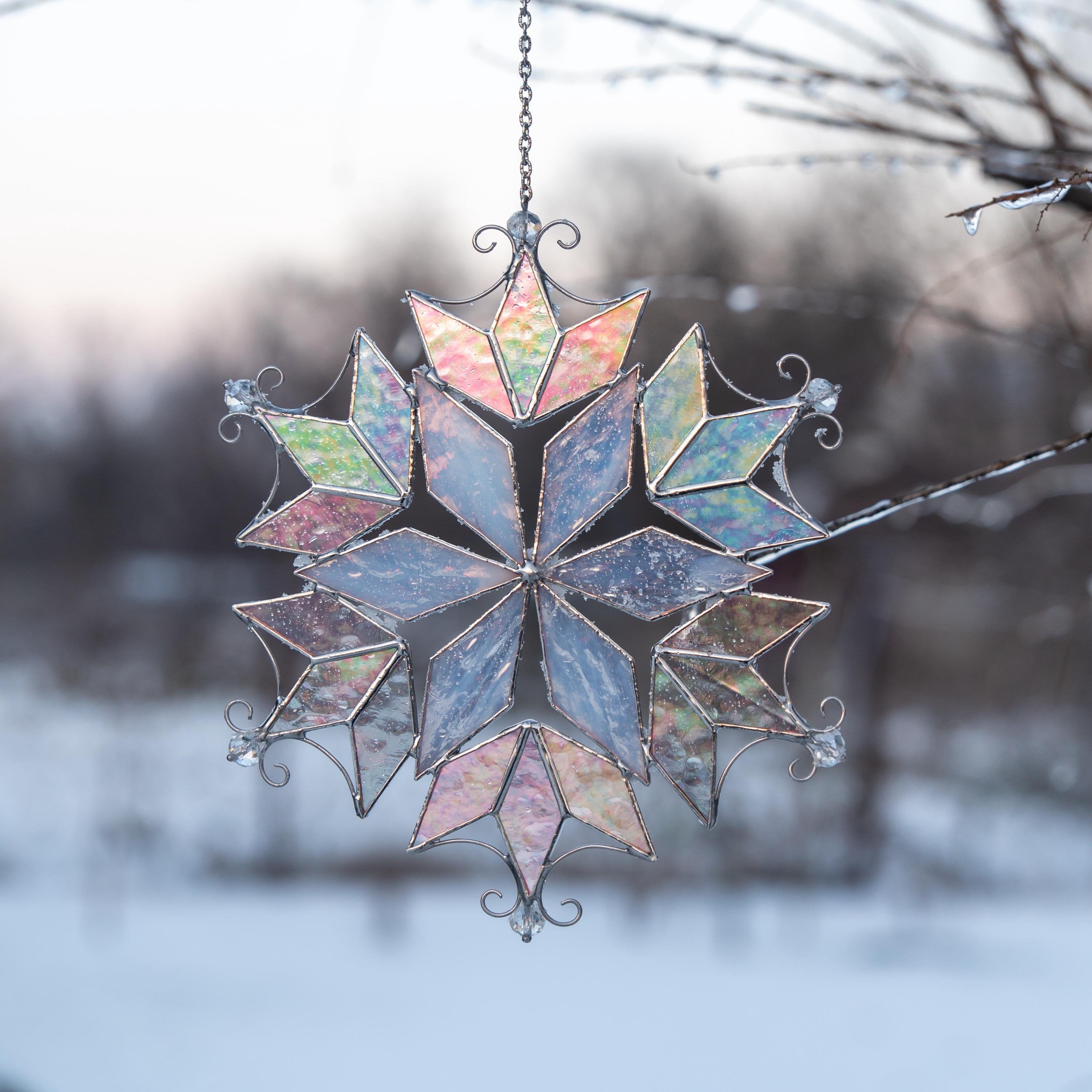 Stained glass ornament Snowflake suncatcher Modern stained glass window hangings Christmas vacation decor Custom stained glass suncatcher