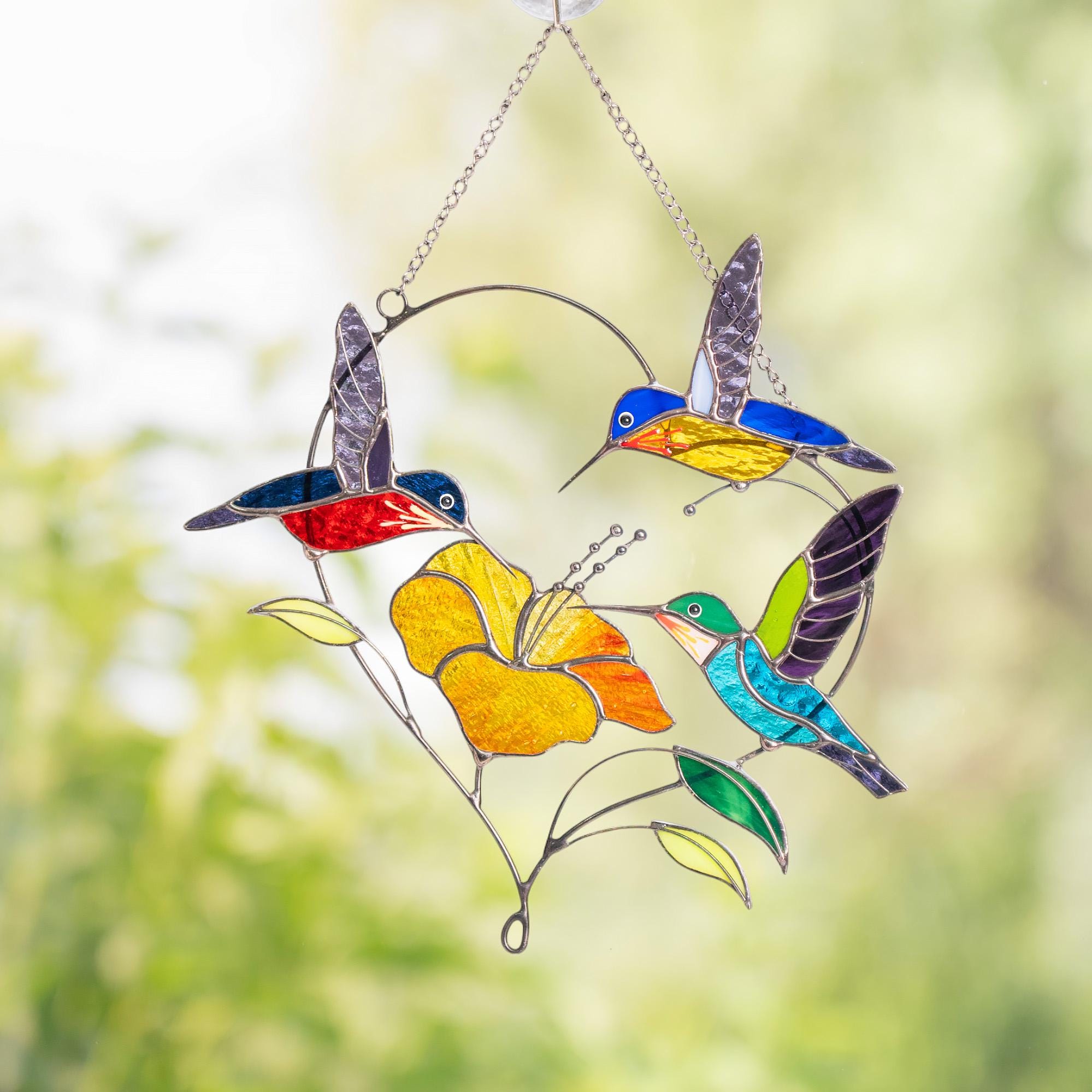 Stained glass hummingbird suncatcher Gifts for grandma Custom stained glass window hangings Hummingbird gifts Hibiscus plant