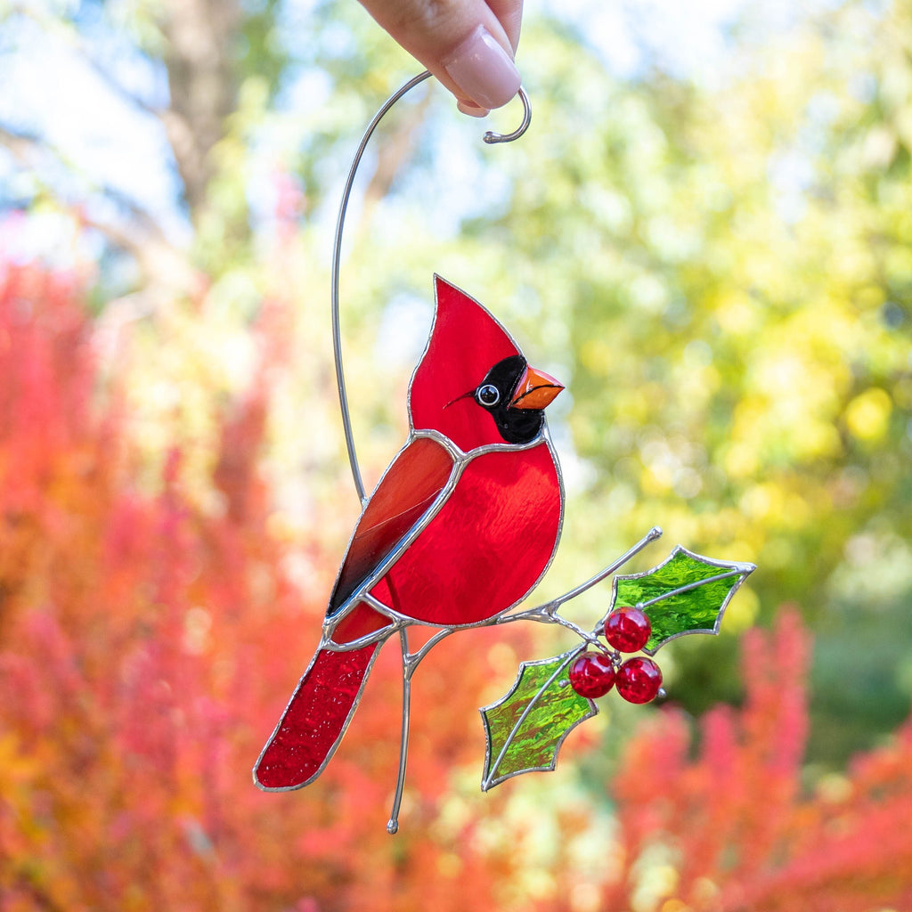 Cardinal stained glass bird Godfather gift Cardinal ornament stained glass suncatcher Bird lover gifts stained glass window hangings
