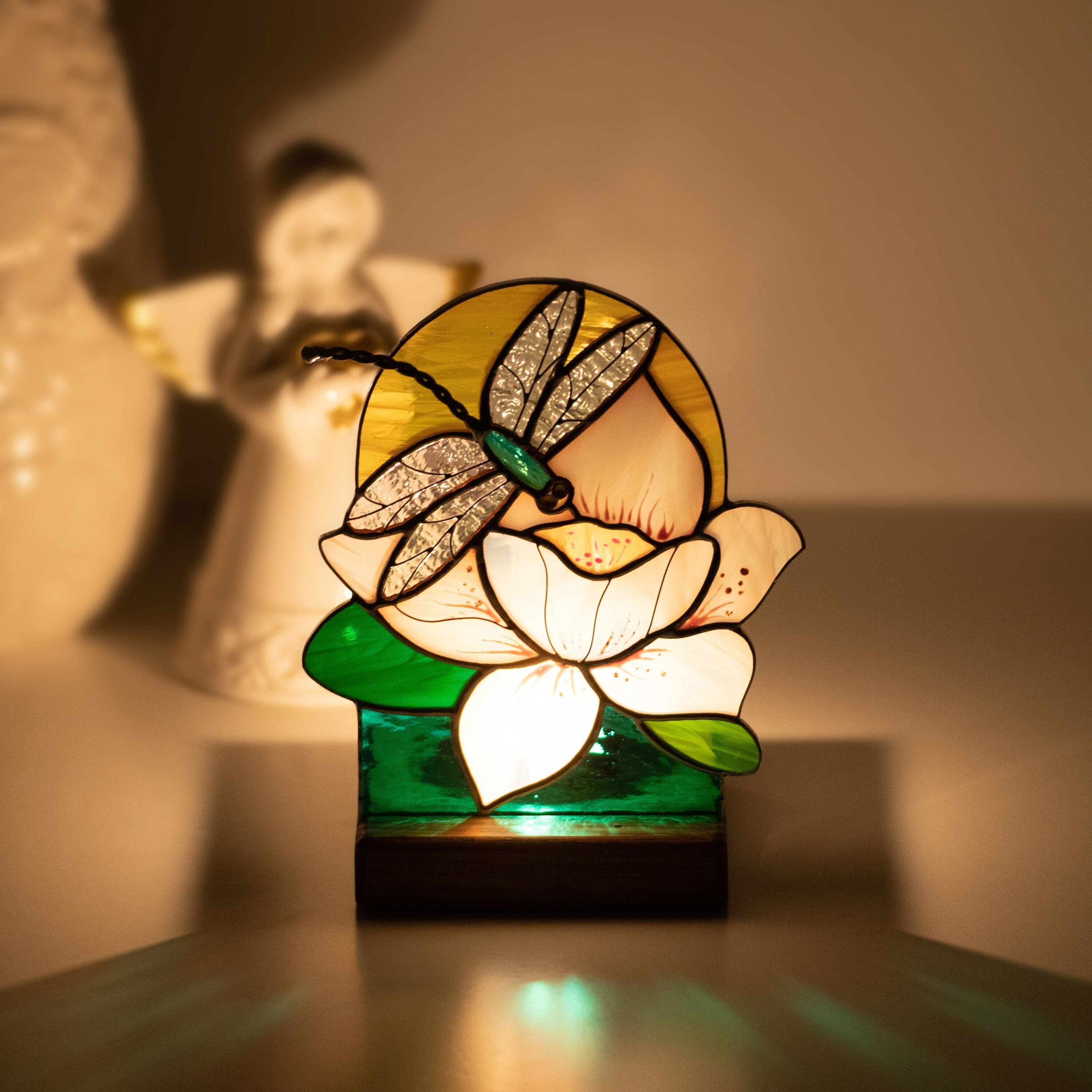 Dragonfly stained glass window wooden candle holder Daughter in law gift Custom stained glass flower suncatcher Dragonfly gifts